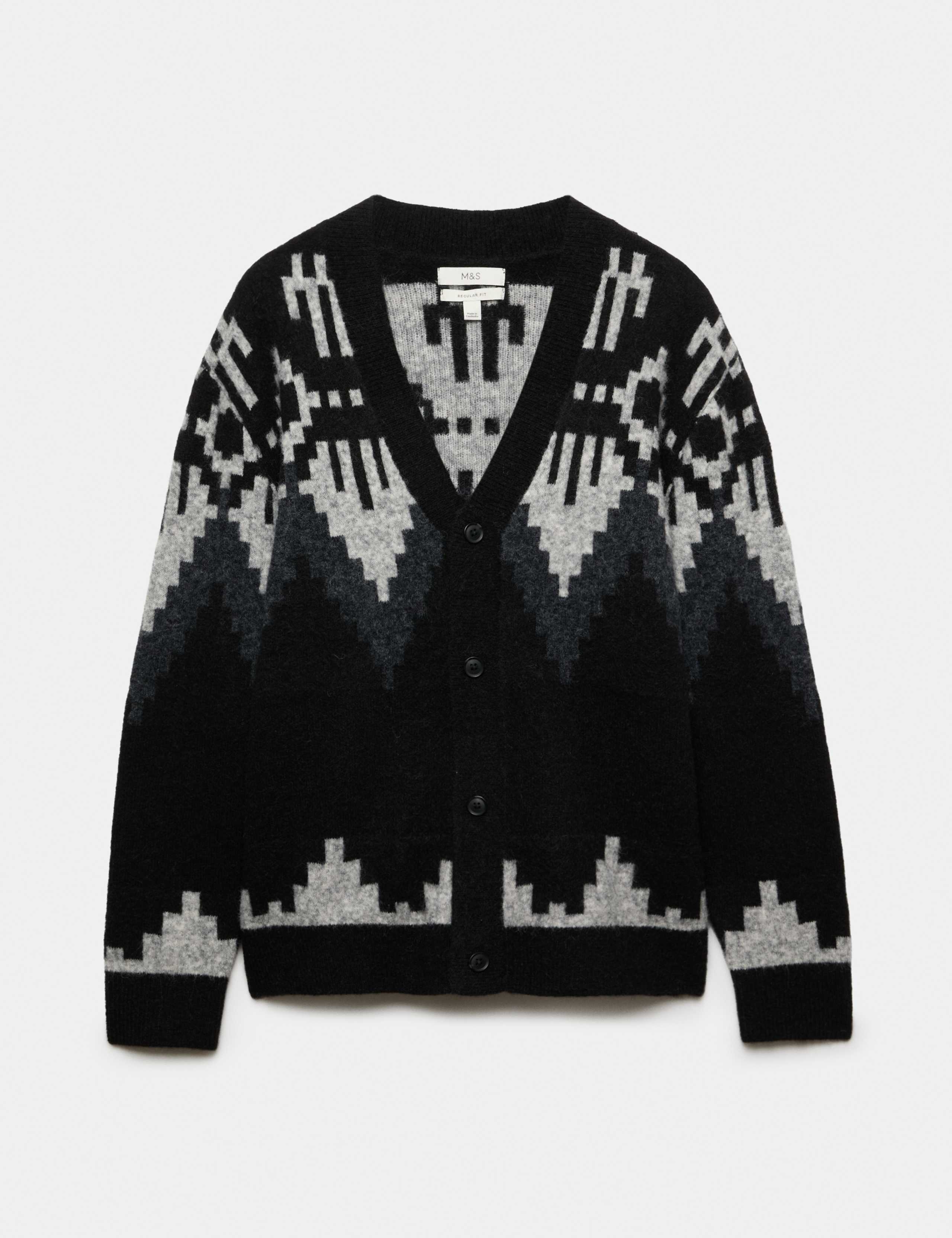 Fairisle Monochrome V Neck Knitted Cardigan 2 of 5