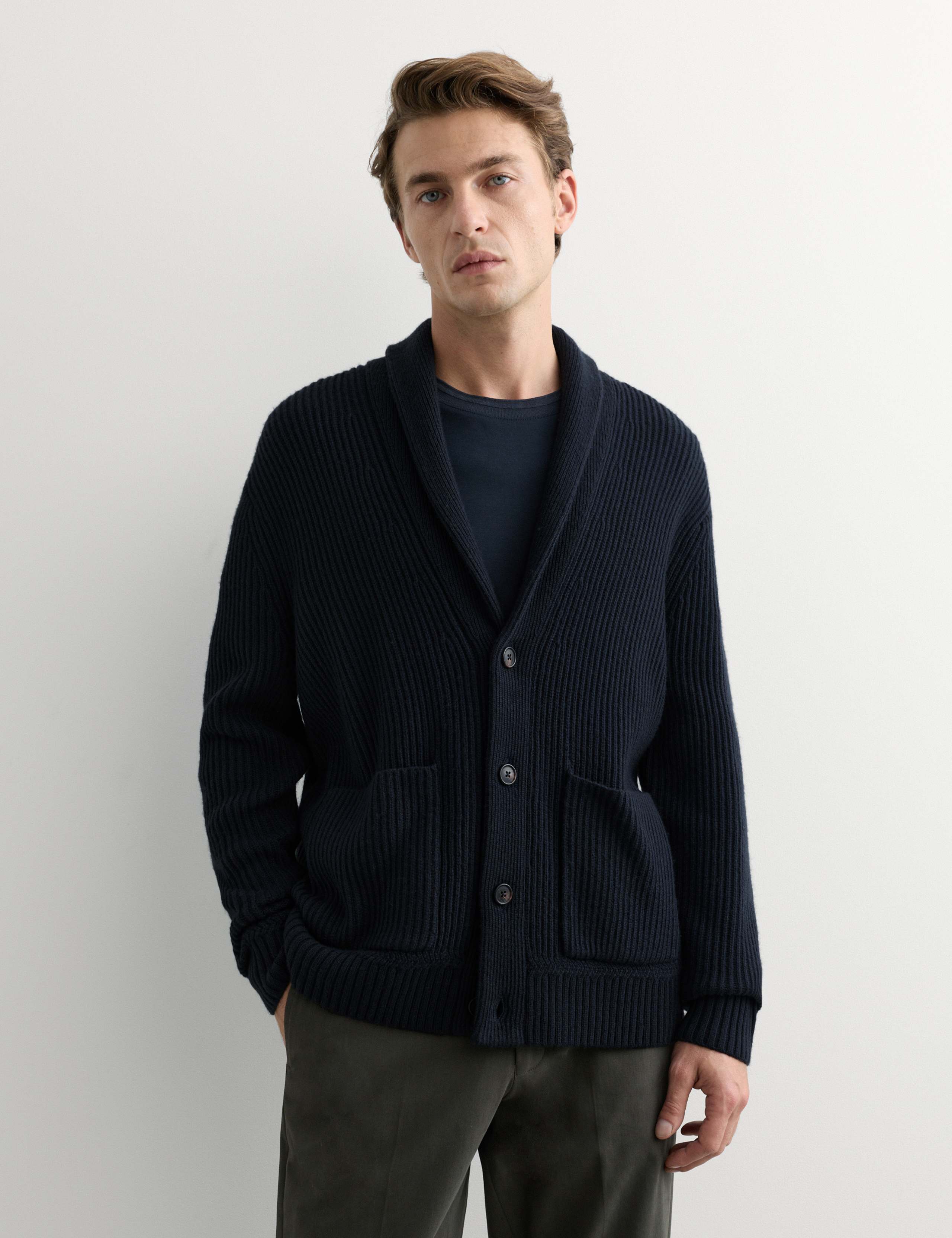 Pure Lambswool Ribbed Shawl Neck Cardigan 1 of 6