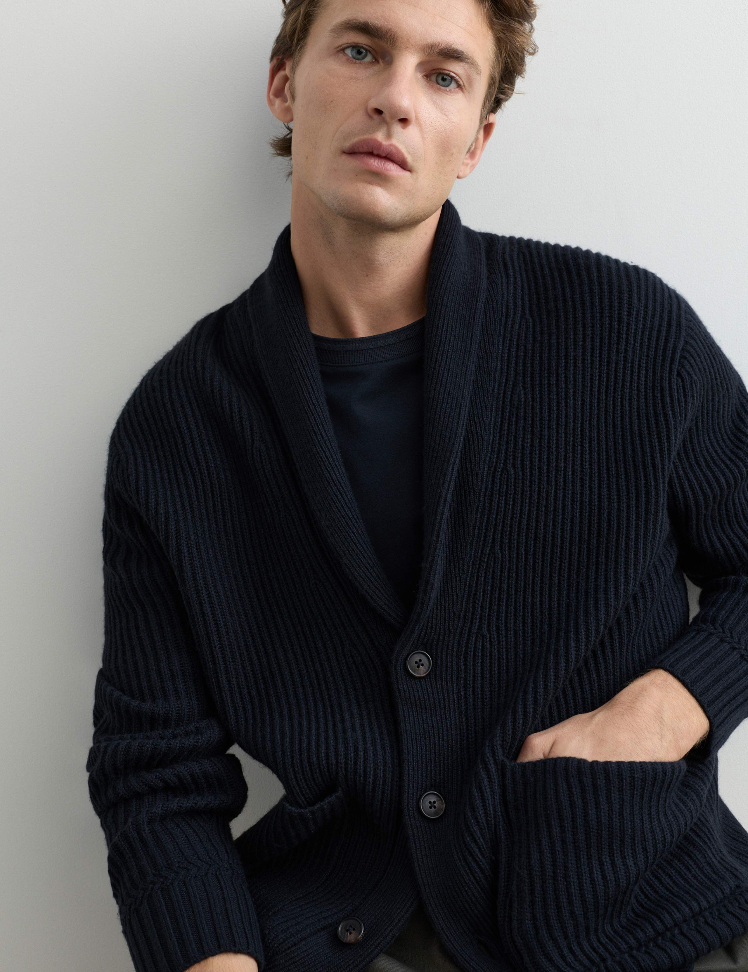 Pure Lambswool Ribbed Shawl Neck Cardigan 4 of 6