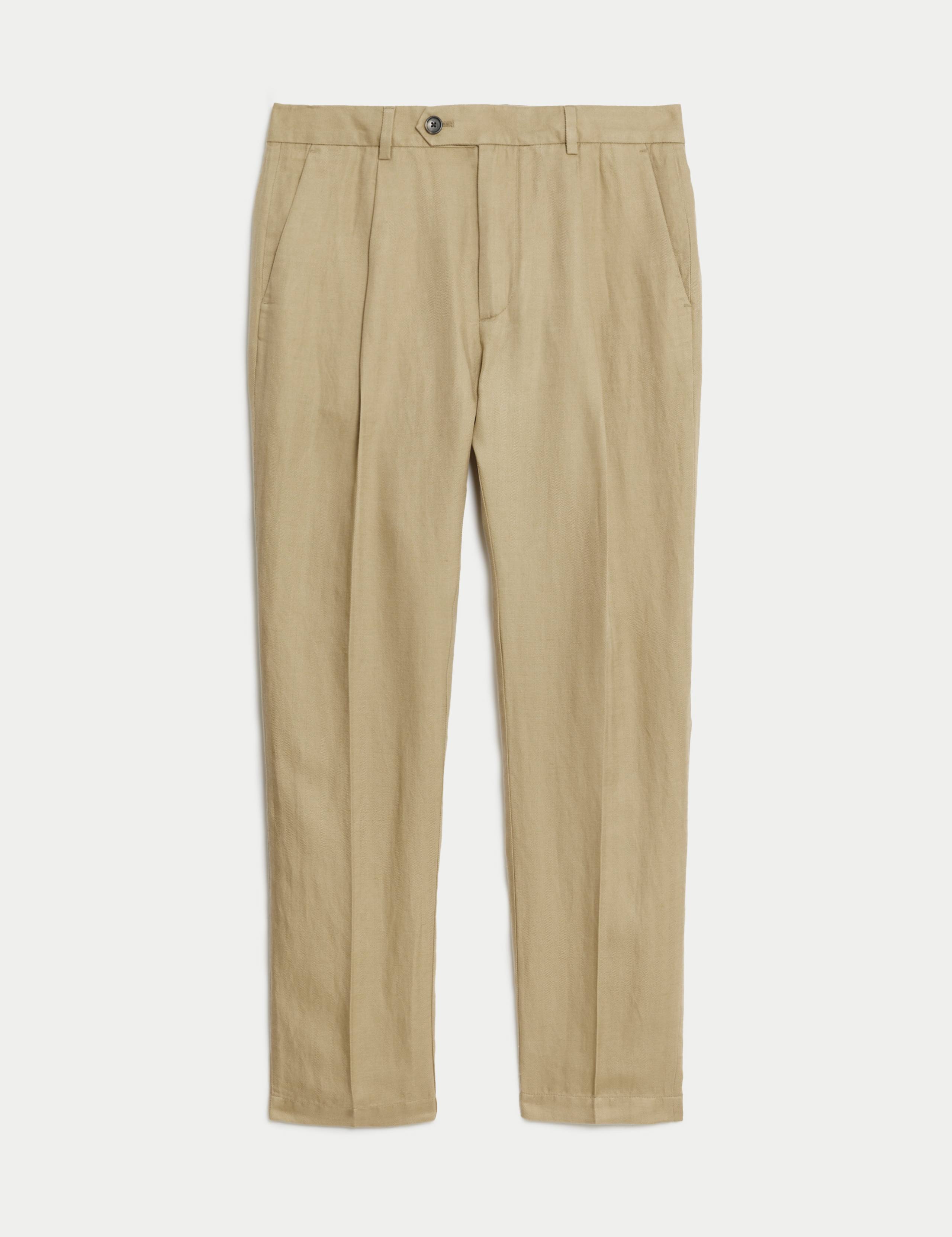 Tapered Fit Linen Blend Single Pleat Trousers 1 of 2