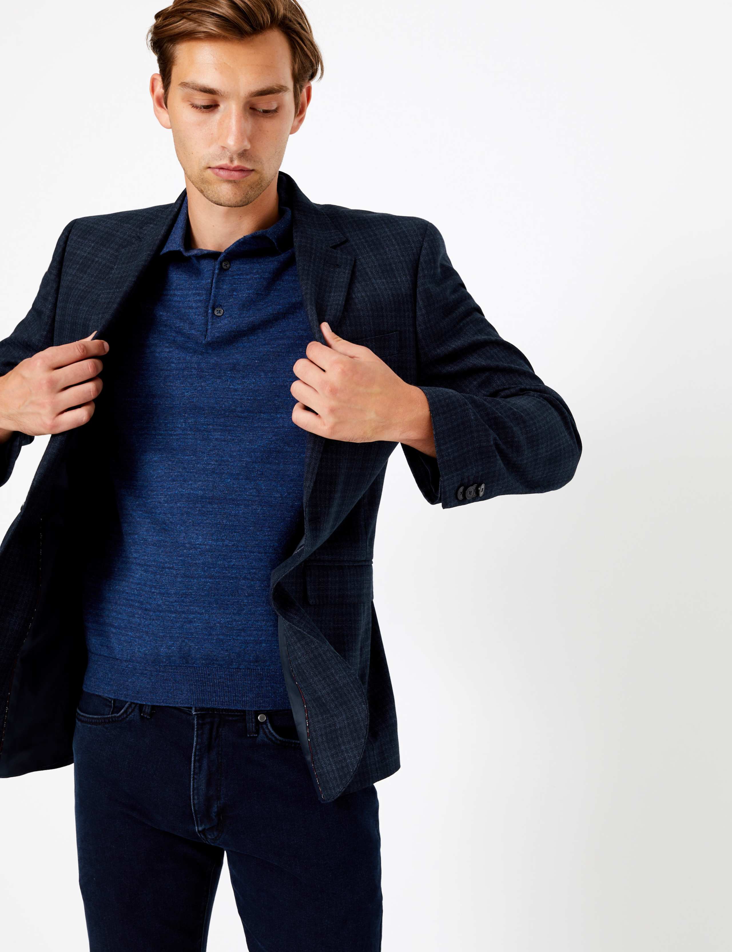 Navy Regular Fit Checked Jacket 1 of 7