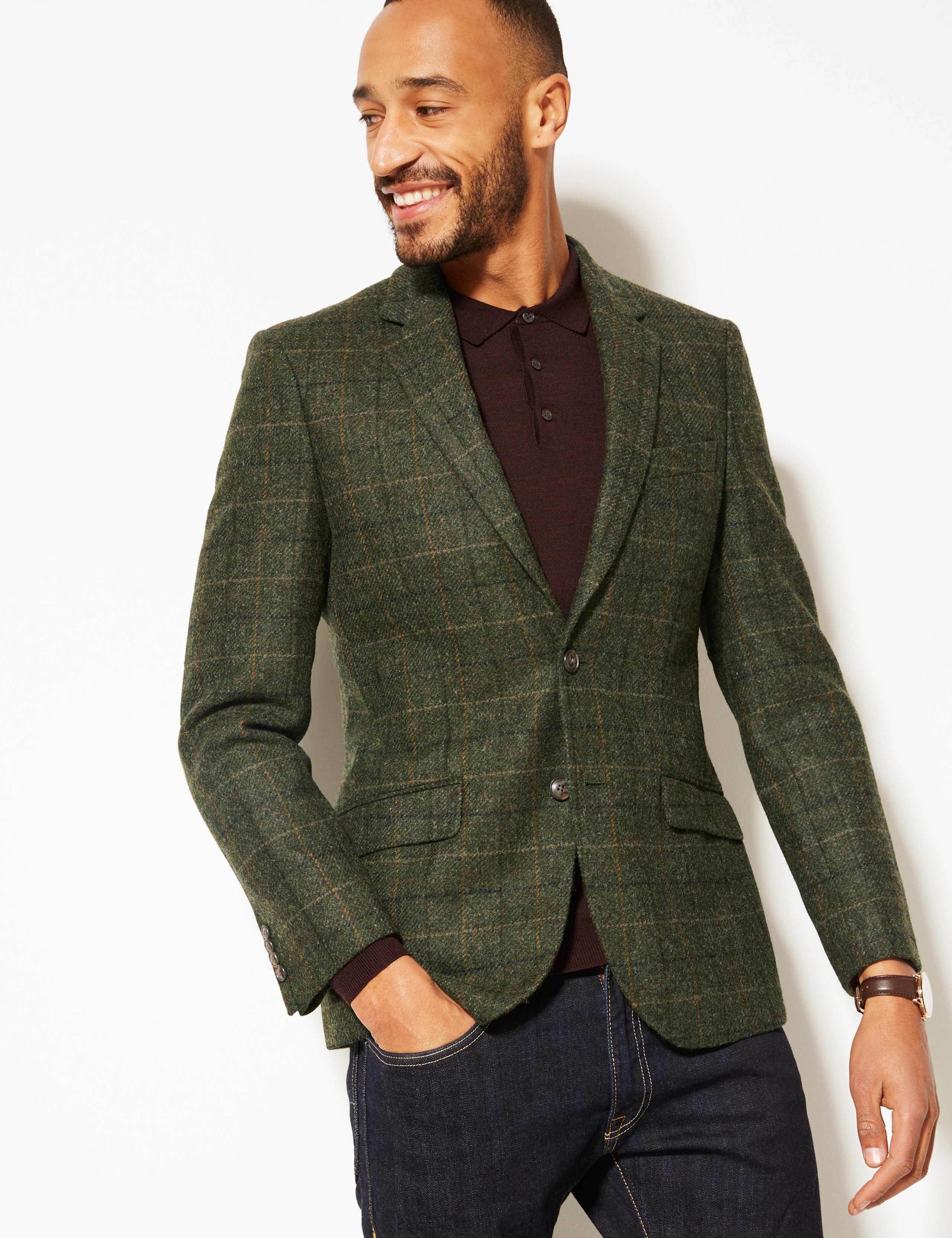 Pure Wool Checked Tailored Fit Jacket M&S Collection Luxury M&S IE