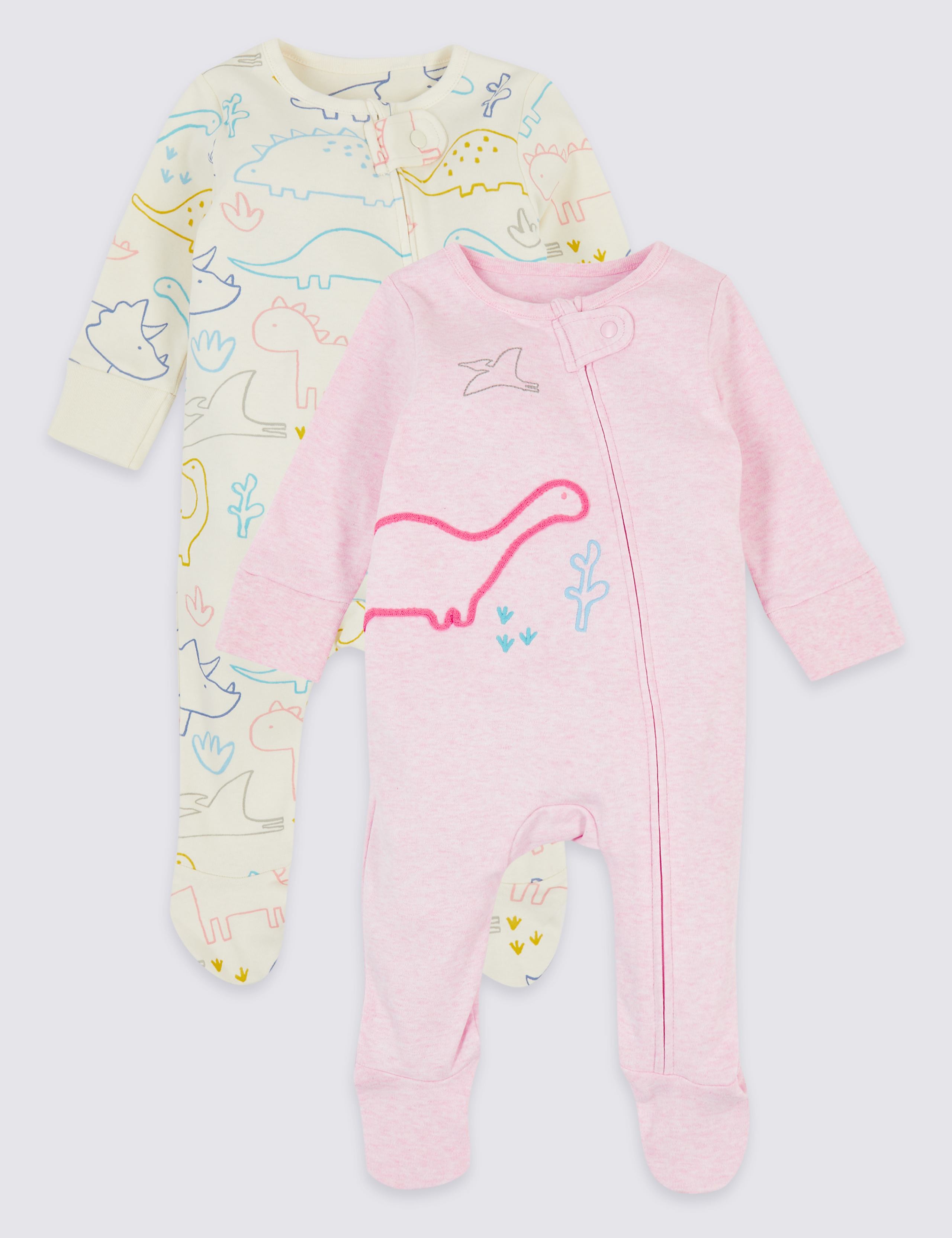 2 Pack Pure Cotton Dinosaurs Sleepsuits 1 of 7
