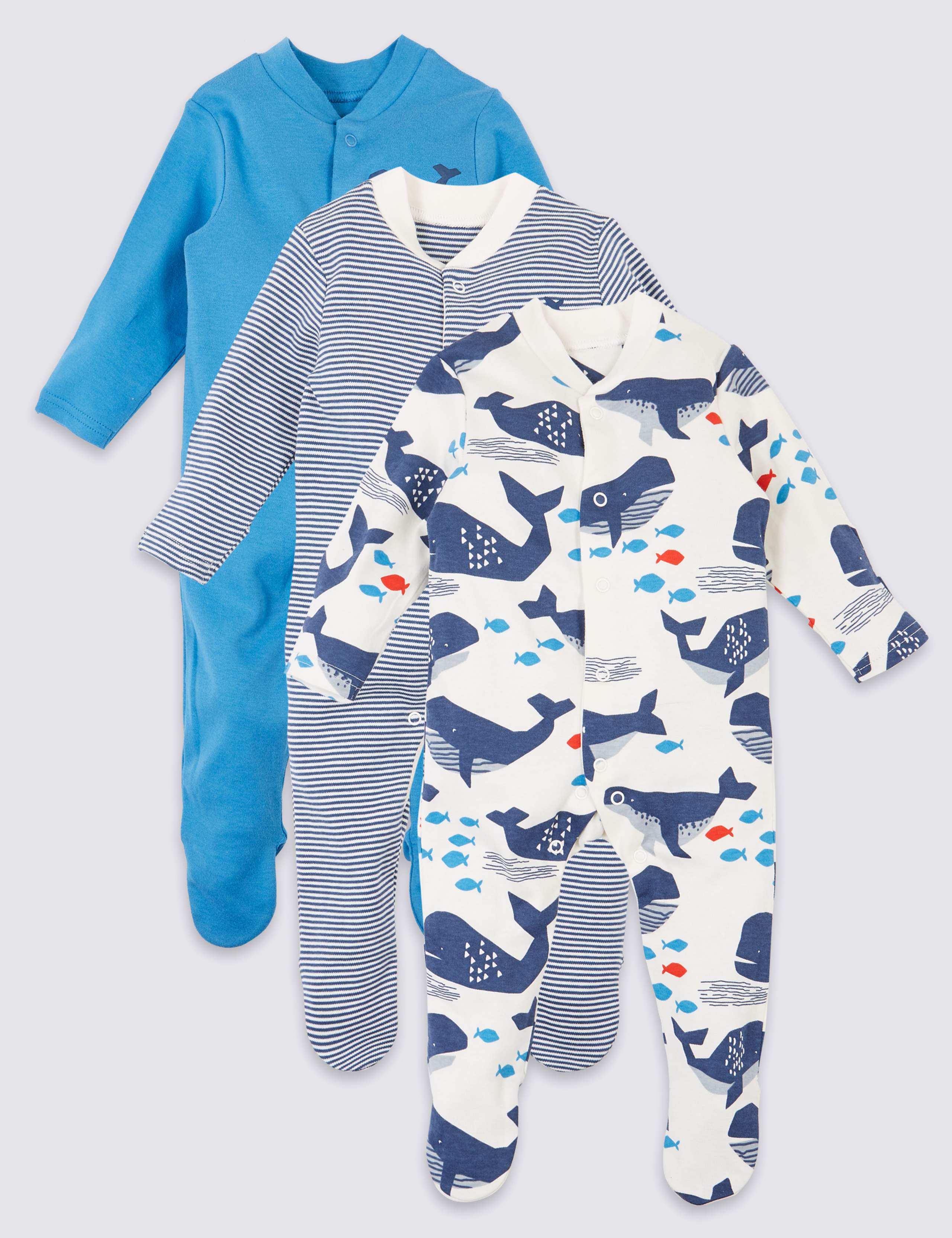 3 Pack Organic Pure Cotton Whale Sleepsuits 1 of 8