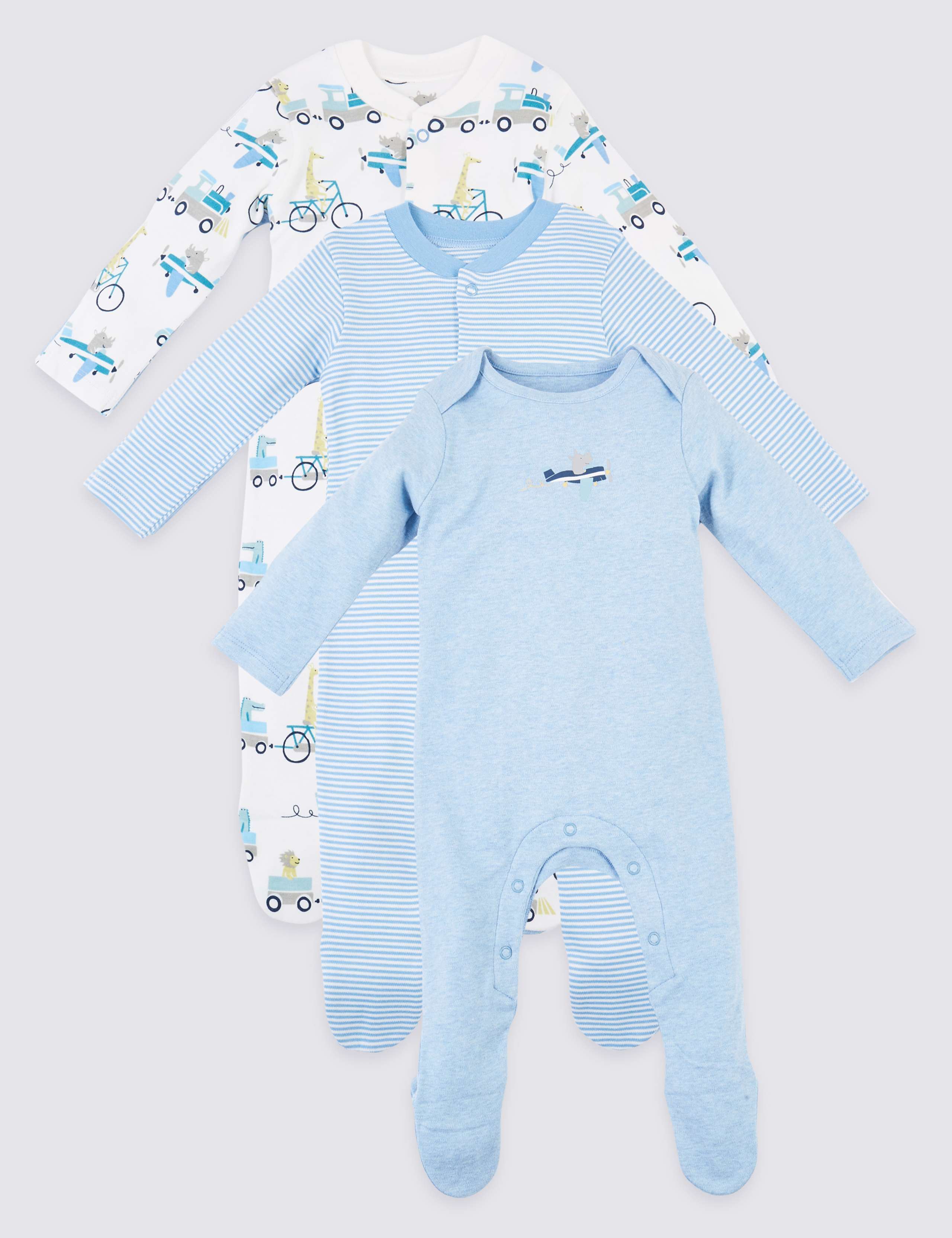 3 Pack Organic Pure Cotton Transport Sleepsuits 1 of 6