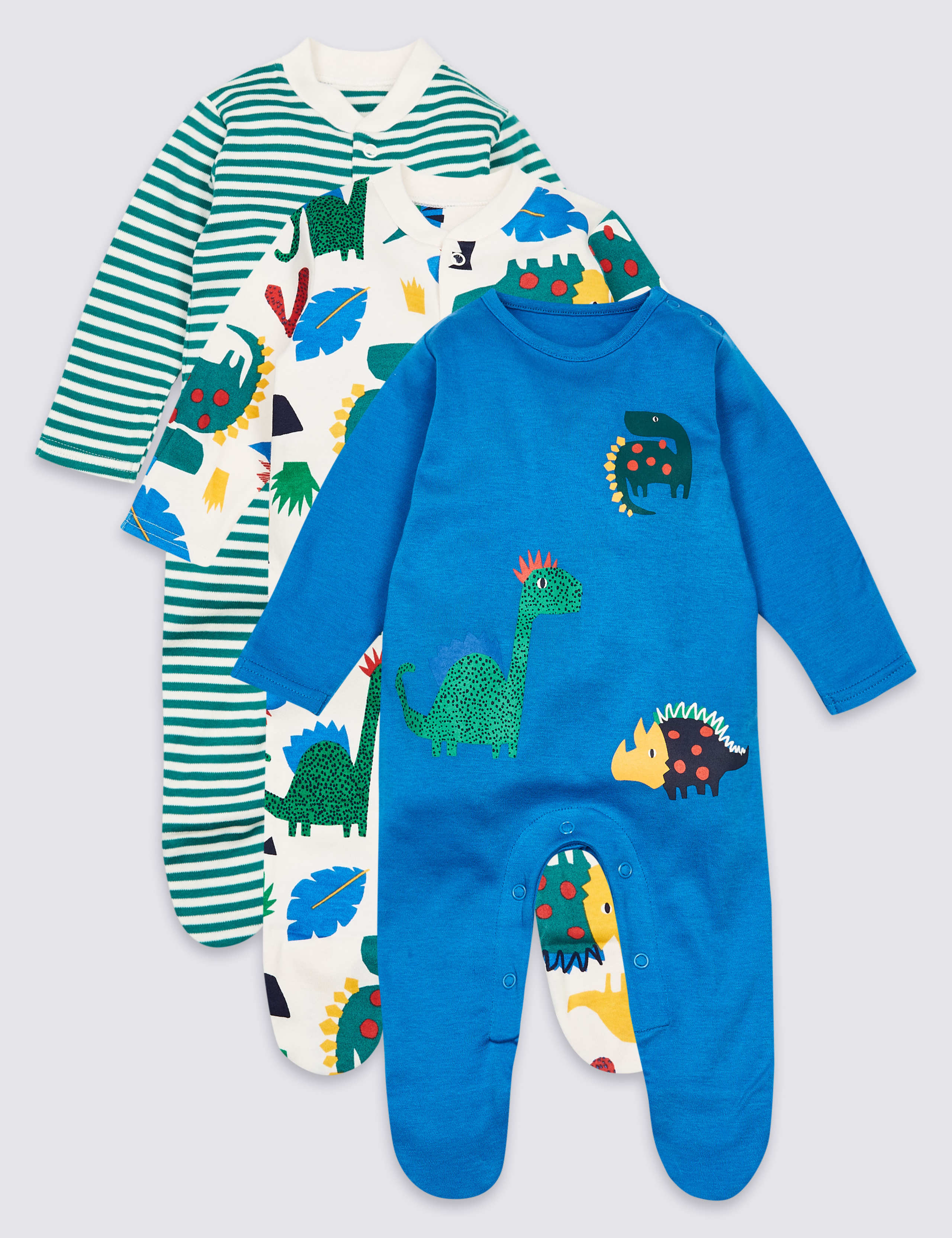 3 Pack Pure Cotton Dinosaurs Sleepsuits 1 of 8