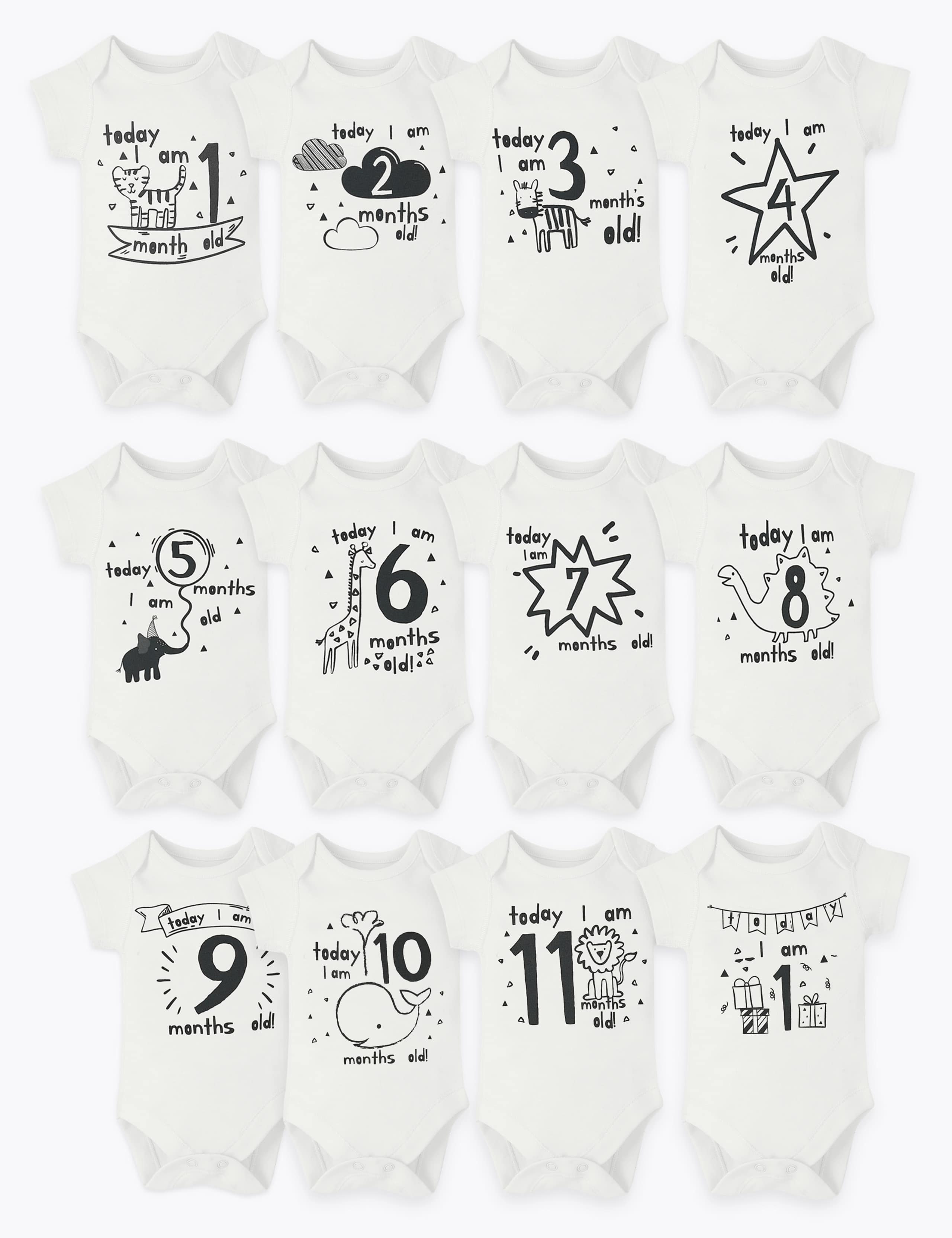 12 Pack Cotton Milestone Bodysuits 1 of 13