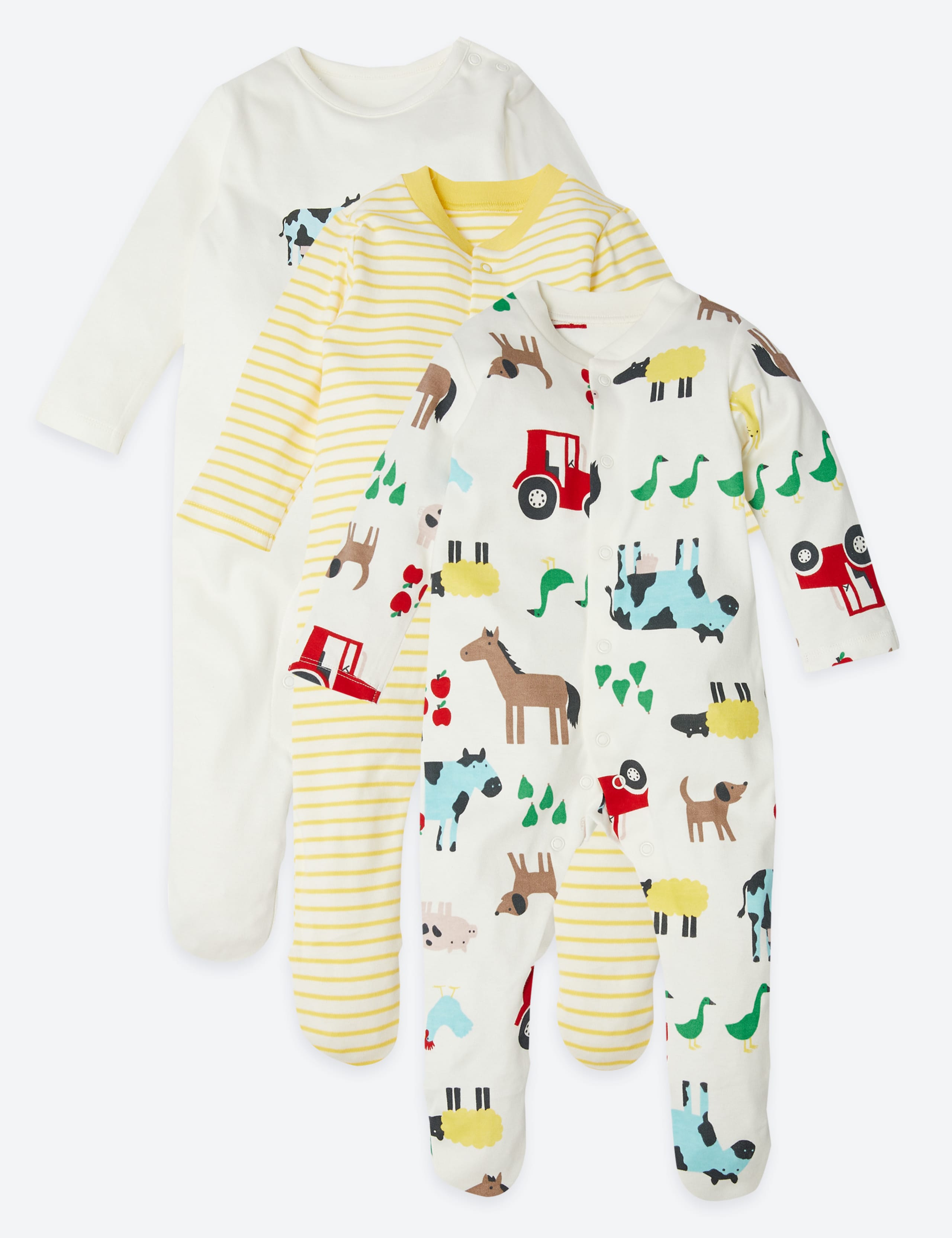3 Pack Organic Pure Cotton Farmyard Print Sleepsuits (61/2lbs-3 Yrs) 1 of 7