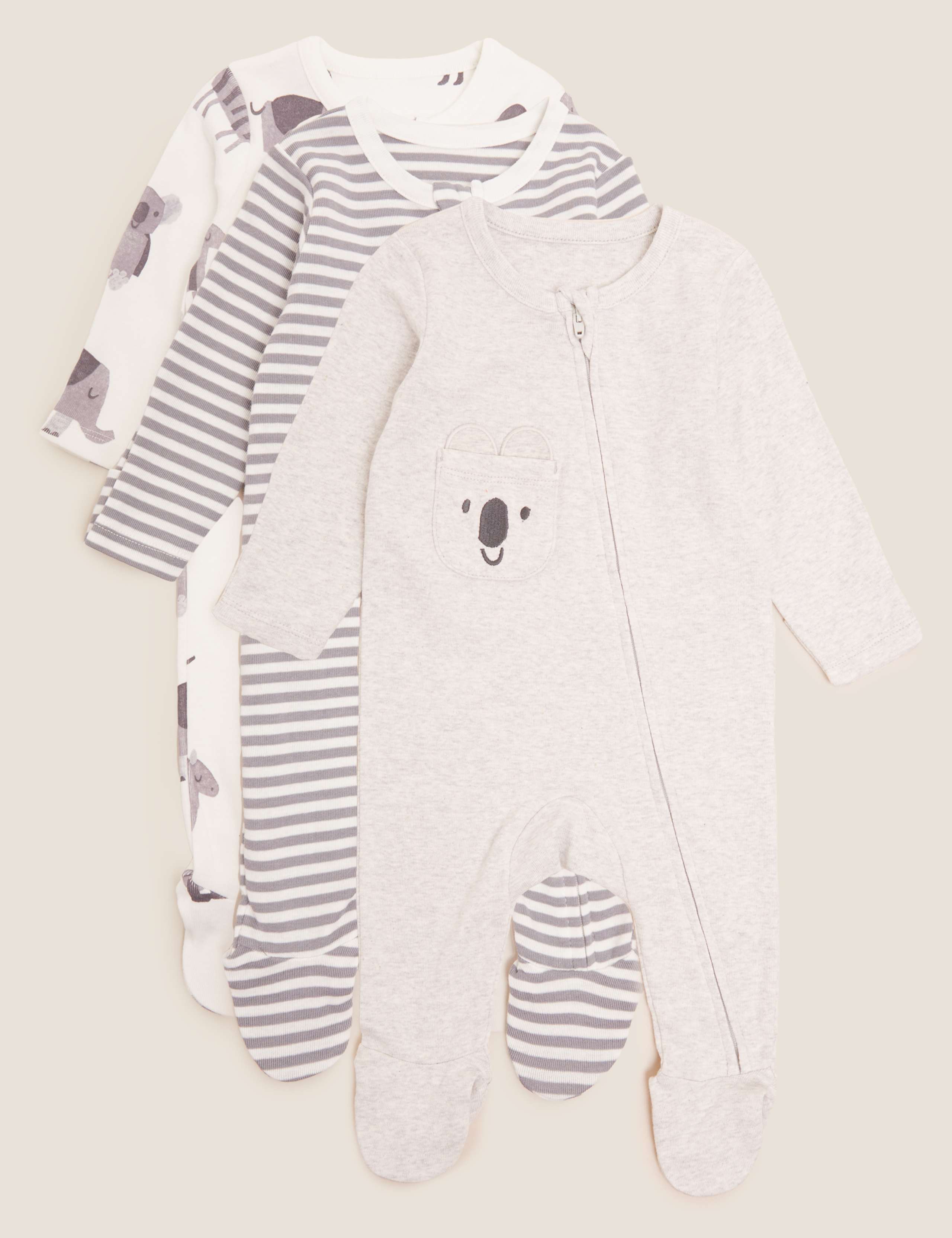 3pk Pure Cotton Animal Sleepsuits (0-12 Mths) 1 of 5