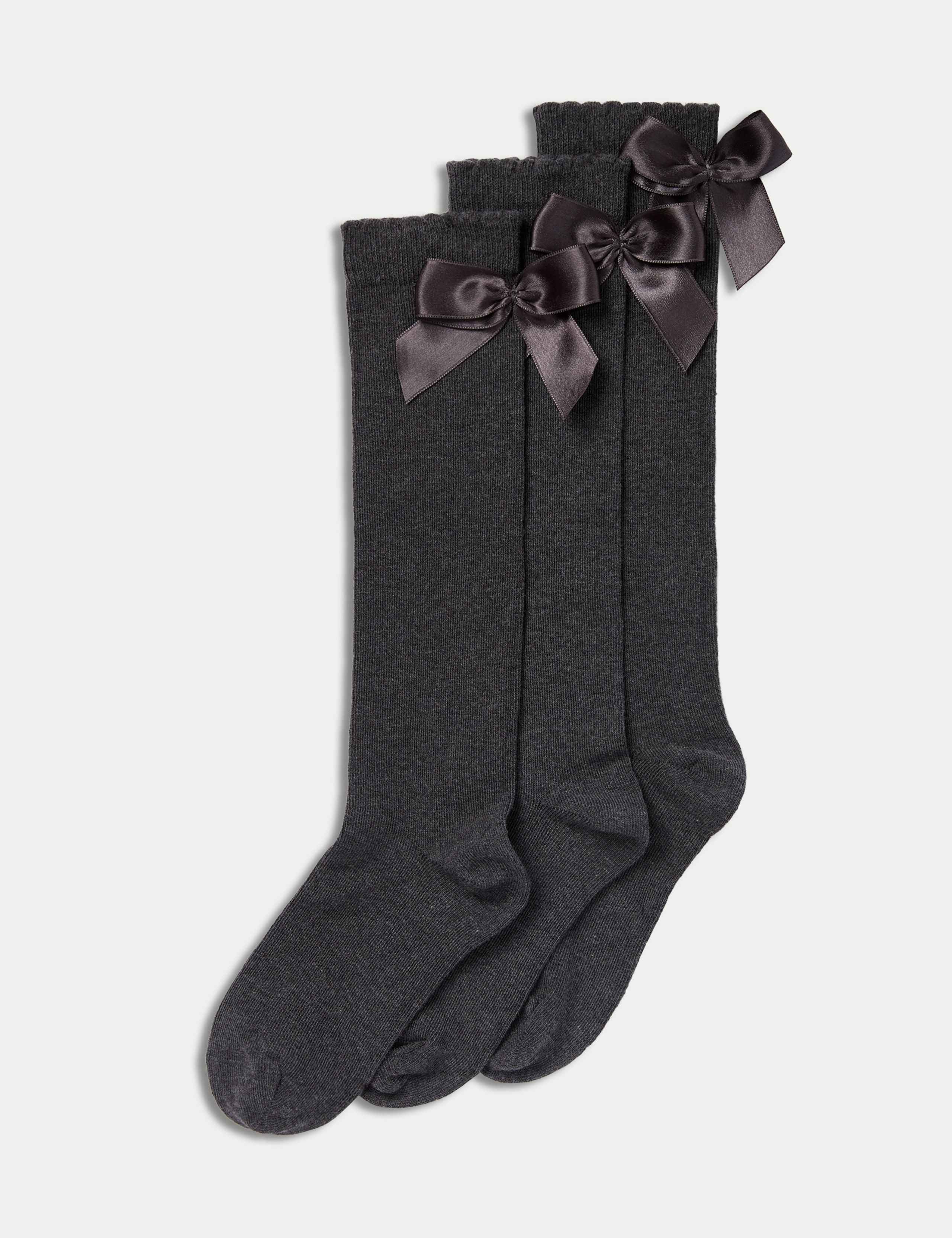 3p Cotton Rich Picot Knee High Bow Socks (6-8½ Small - 4-7 Large) 1 of 2