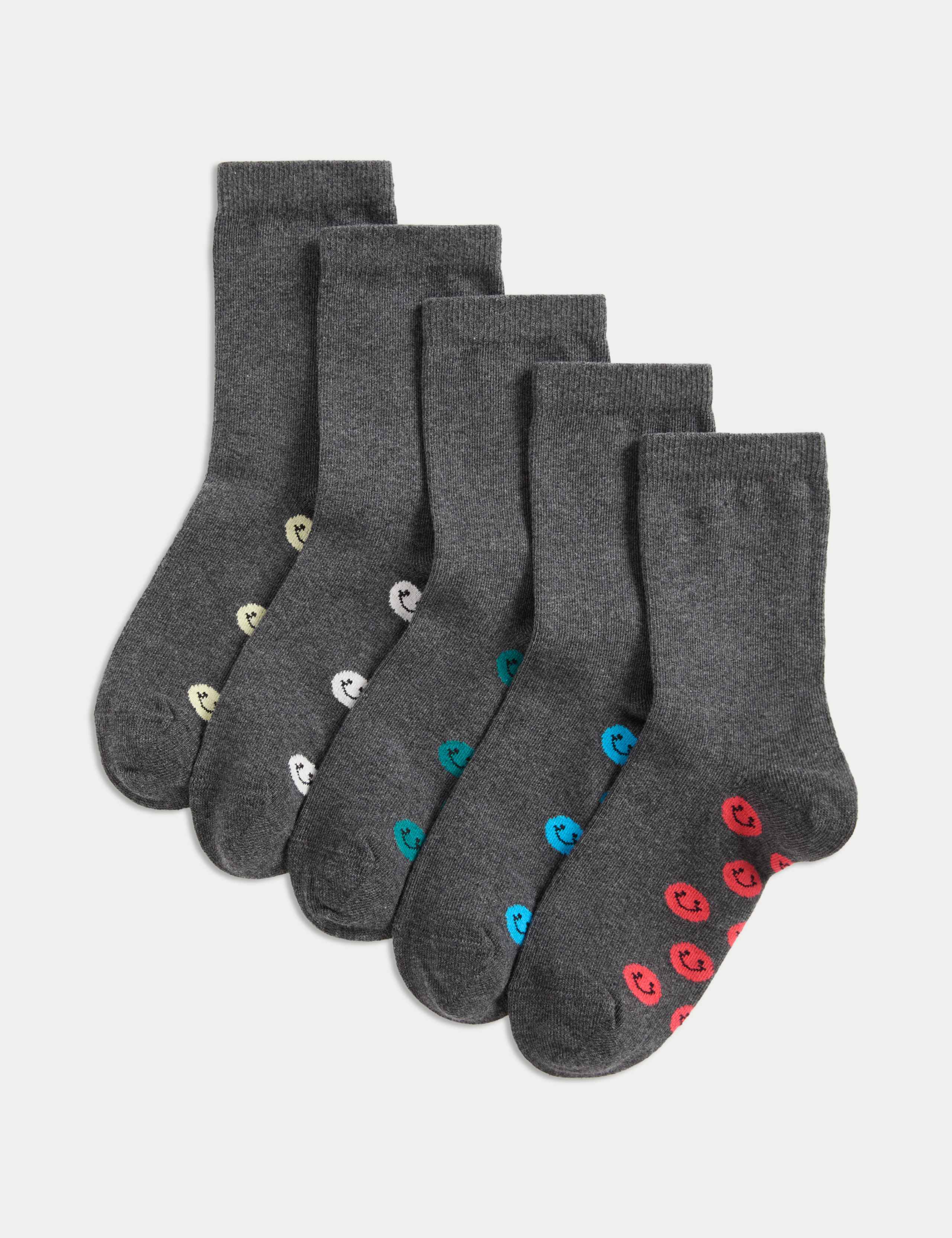 5 Pack Cotton Rich Happy Faces School Socks (6 Small-7 Large) 1 of 2