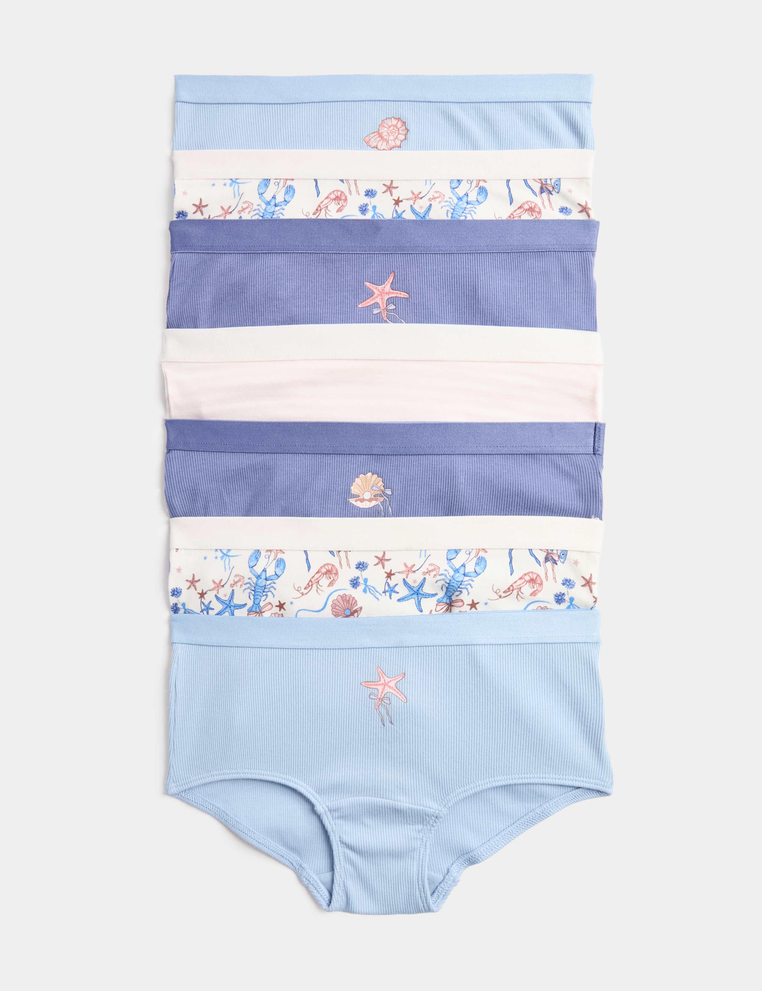7 Pack Cotton with Stretch Seashell Print Shorts (5-16 Yrs) 1 of 2