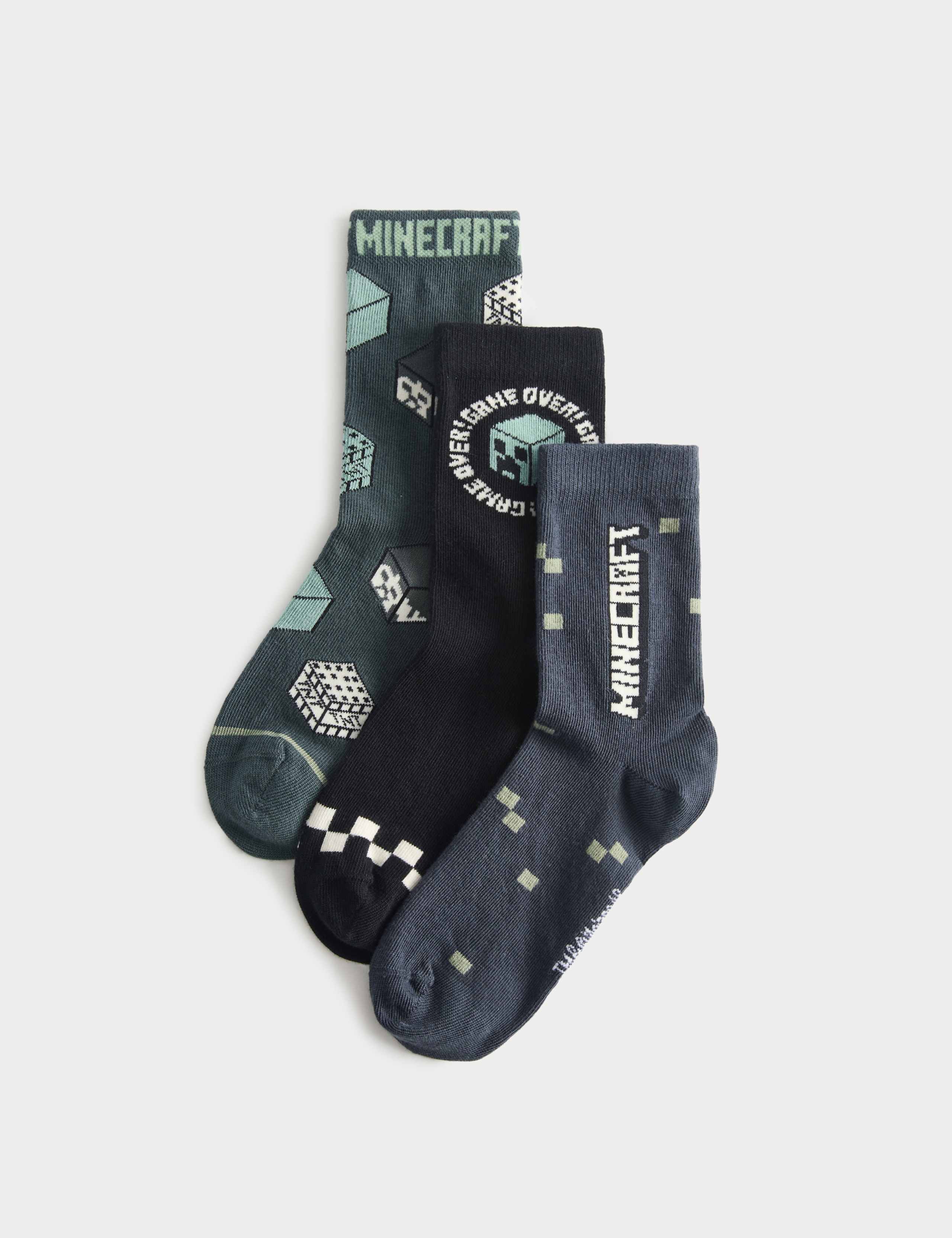 3 Pack Cotton Rich Minecraft™ Socks (6 Small-7 Large) 1 of 2