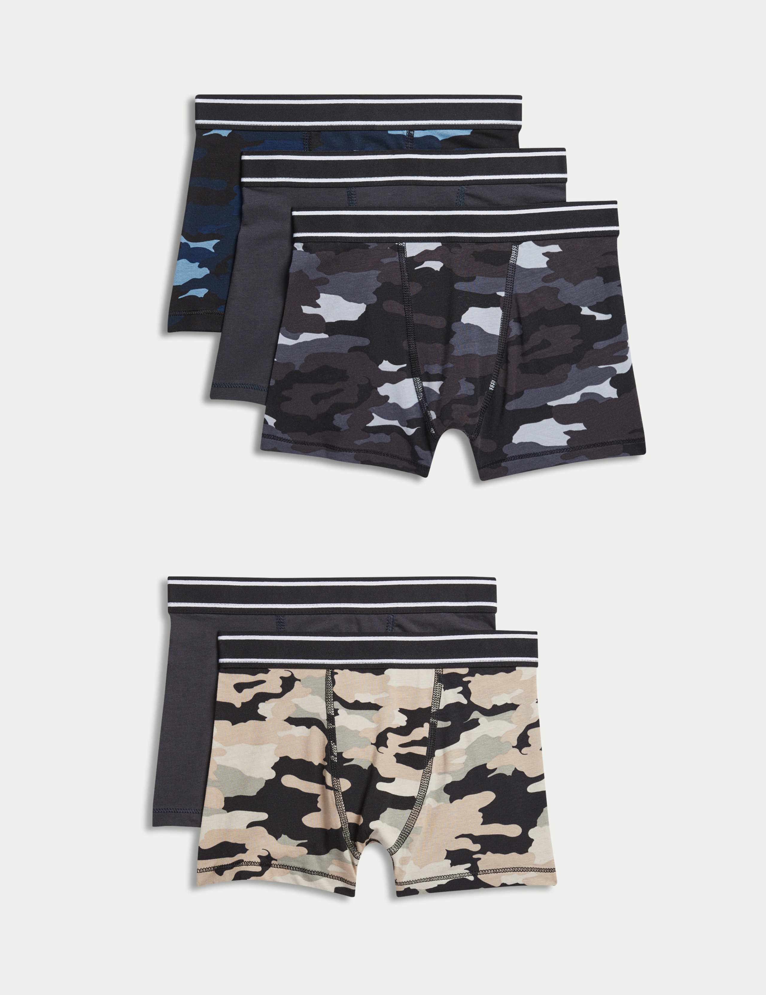 5pk Cotton with Stretch Camo Trunks (5-16 Yrs) 1 of 2