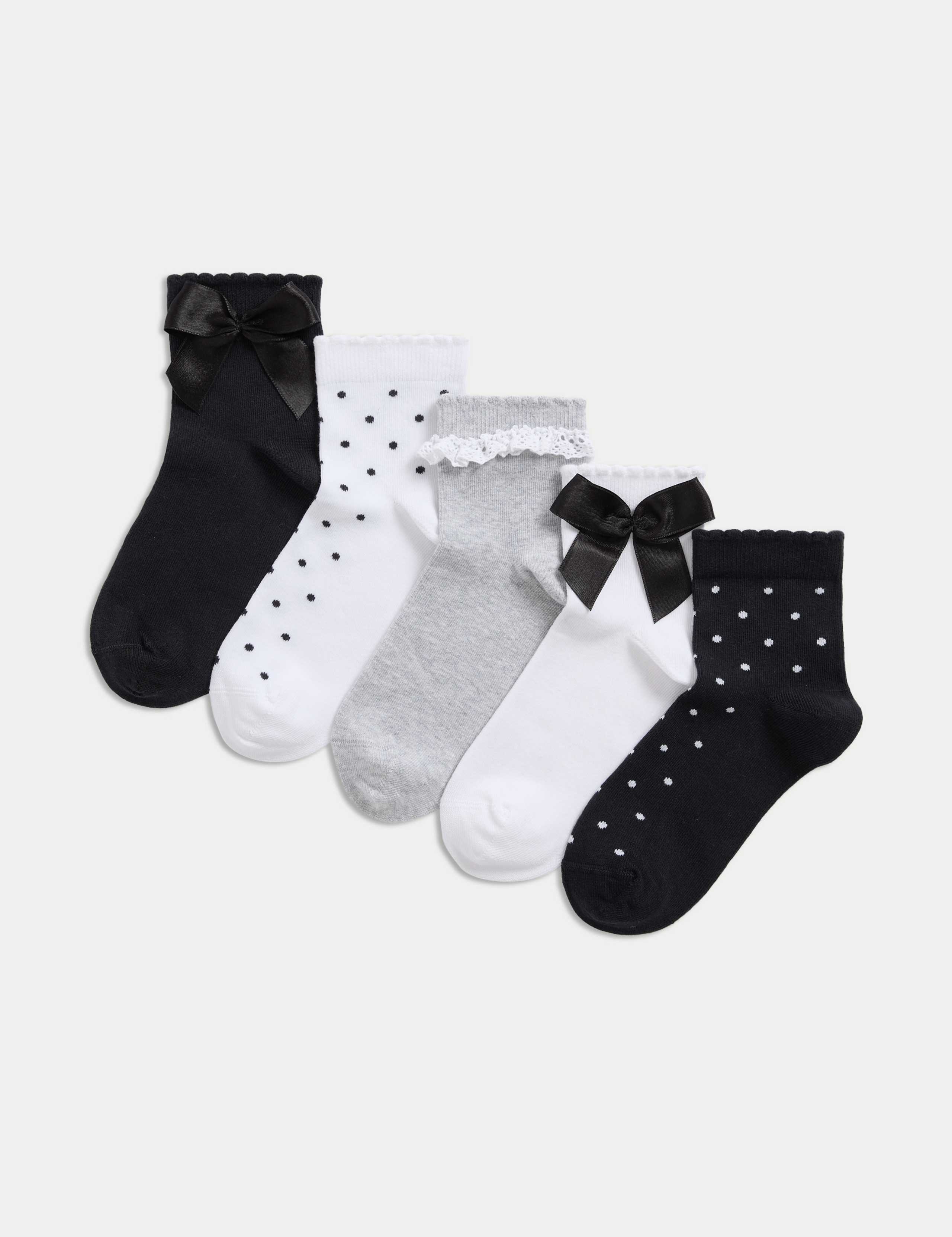 5pk Cotton Rich Bow & Lace Ankle Socks (6 Small -7 Large) 1 of 1