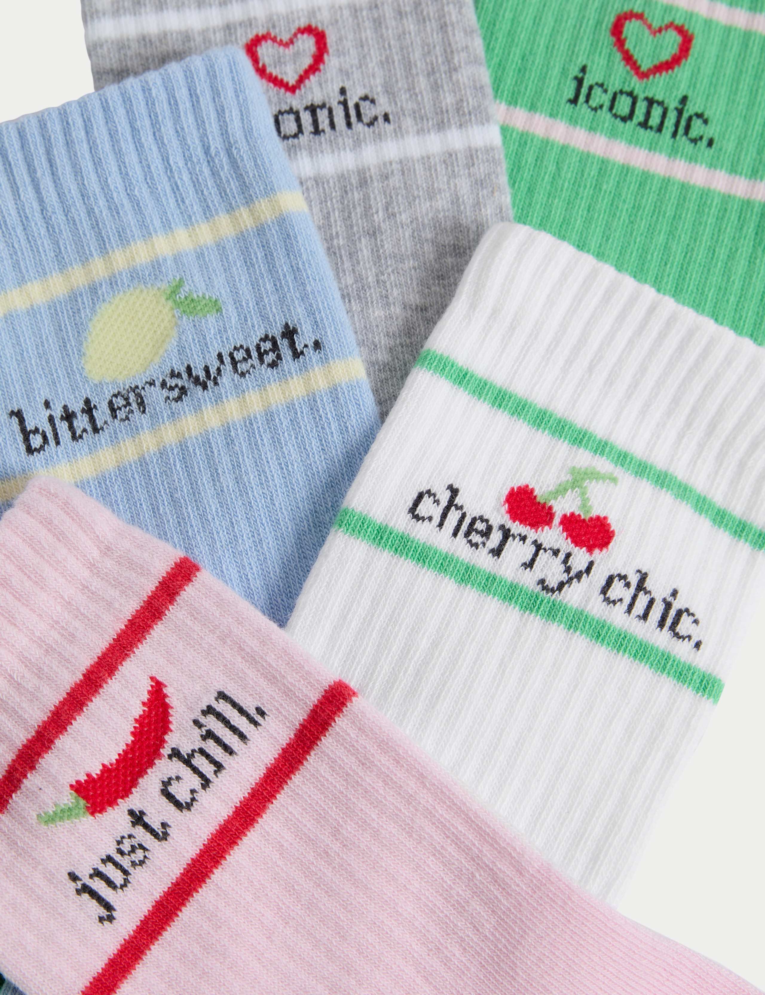5pk Cotton Rich Ribbed Striped Slogan Socks (6 Small - 7 Large) 2 of 2