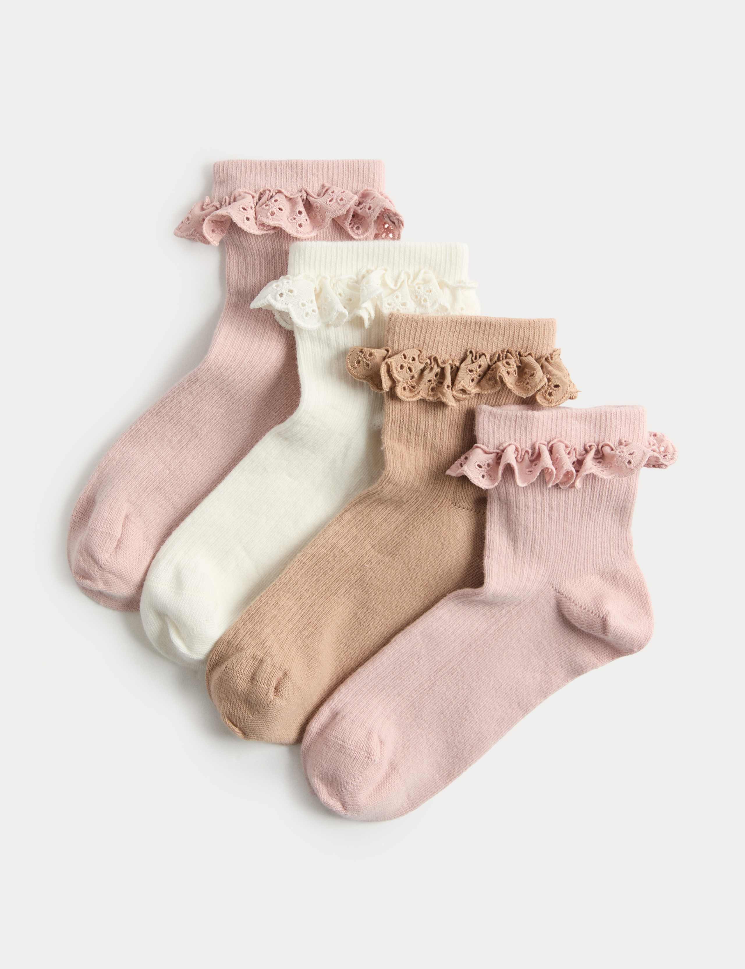 4 Pack Cotton Rich Broderie Frill Socks (6 Small-7 Large) 1 of 2