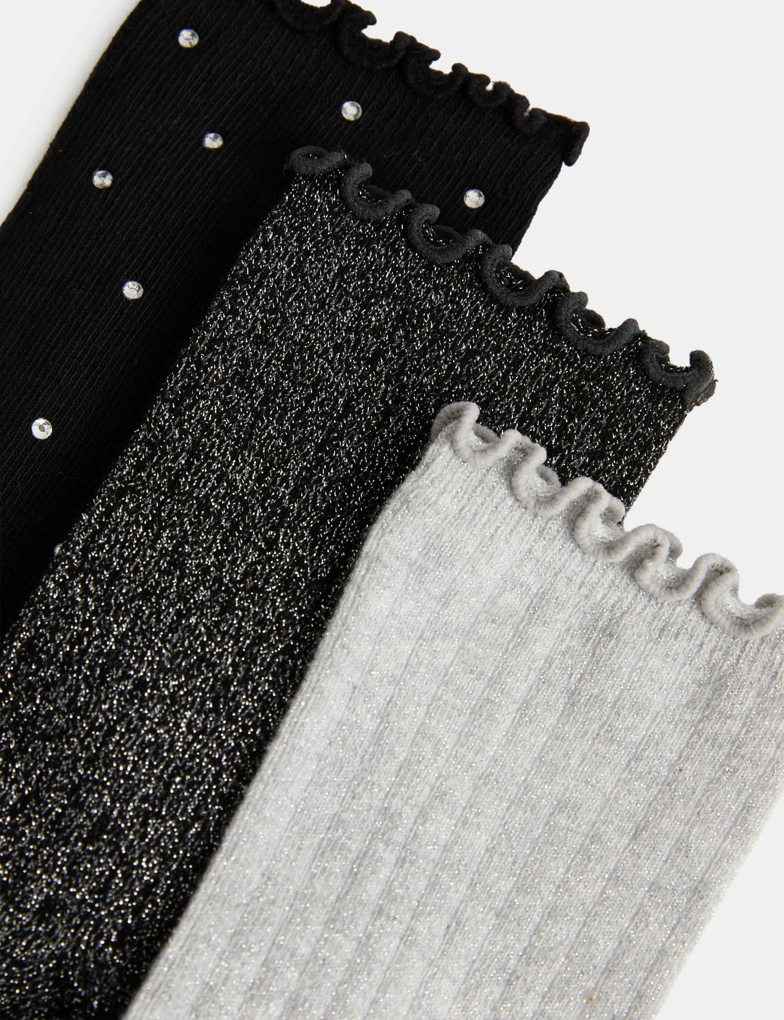 3 Pack Cotton Rich Ribbed Diamante Glitter Socks (6 Small-7 Large) 2 of 2