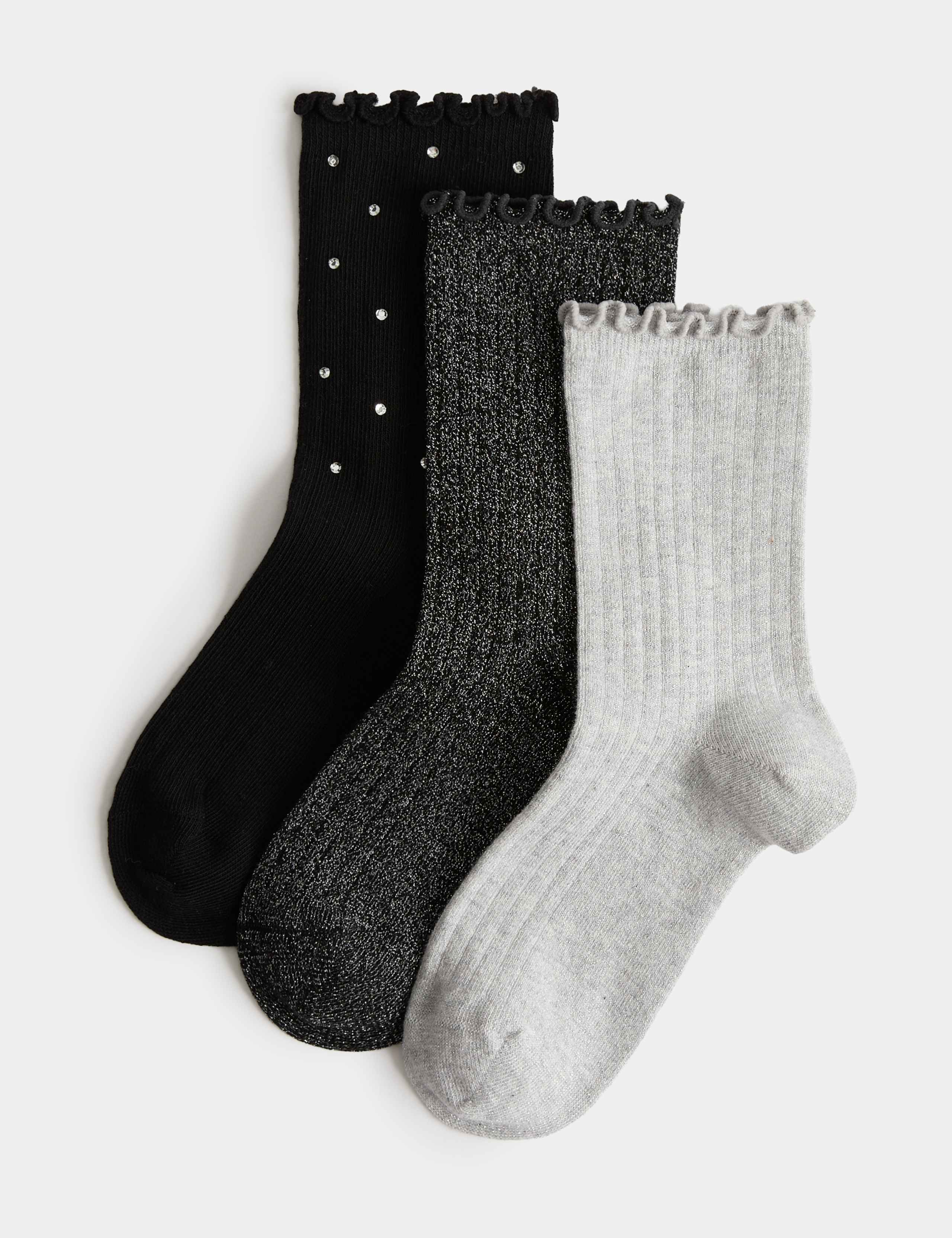 3 Pack Cotton Rich Ribbed Diamante Glitter Socks (6 Small-7 Large) 1 of 2