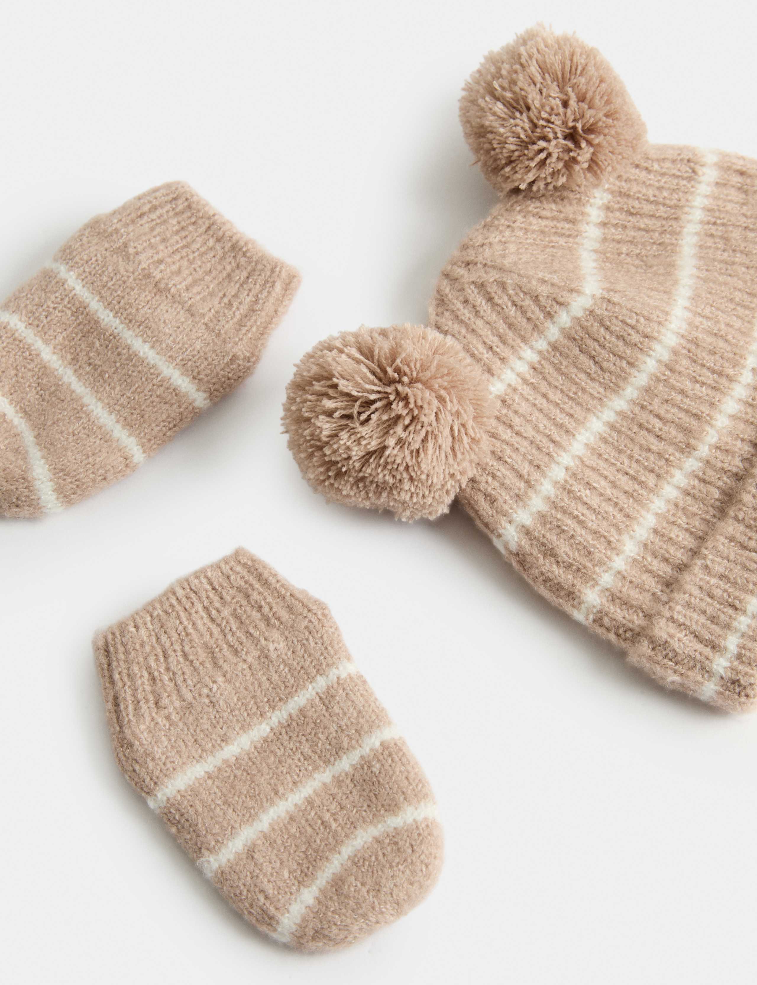 Pom Pom Striped Hat & Mittens Set (0-3 Yrs) 2 of 2