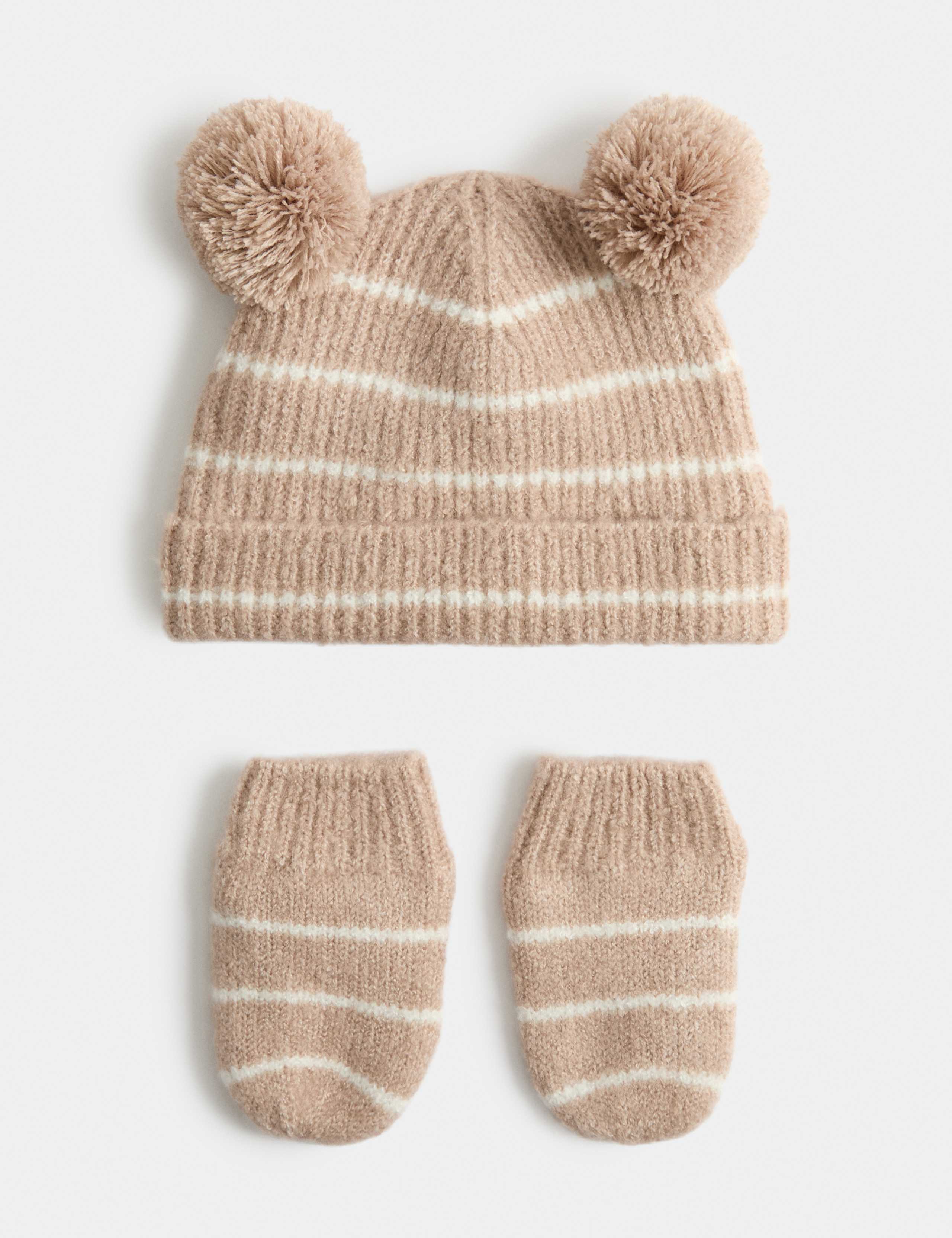 Pom Pom Striped Hat & Mittens Set (0-3 Yrs) 1 of 2