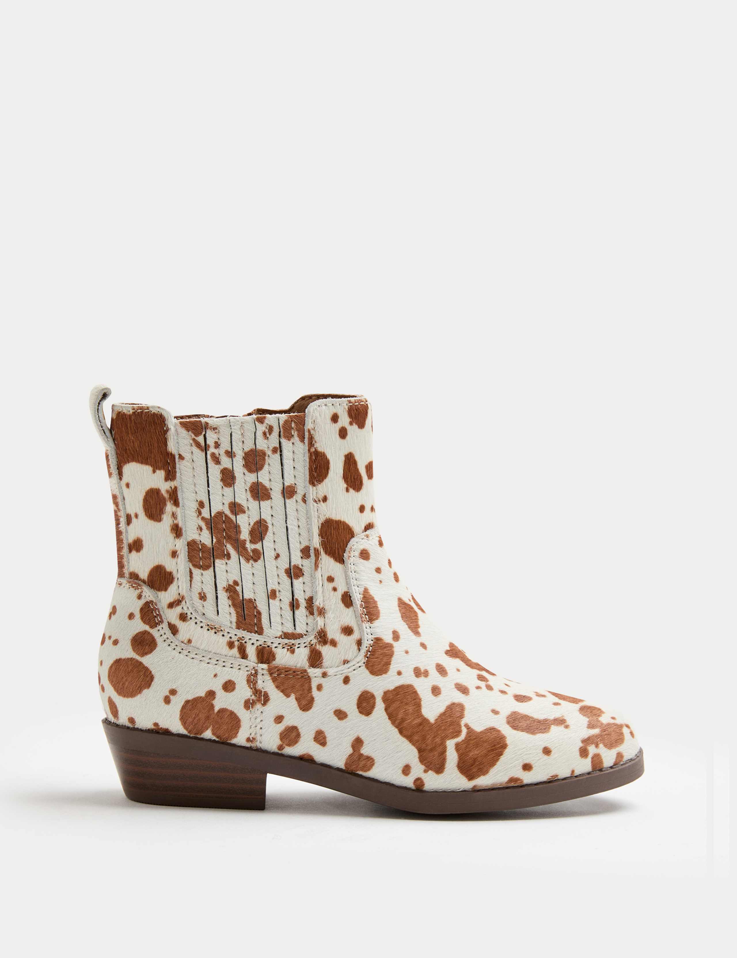 Kids' Leather Cow Print Western Ankle Boots (4 Small - 6 Large) 2 of 3