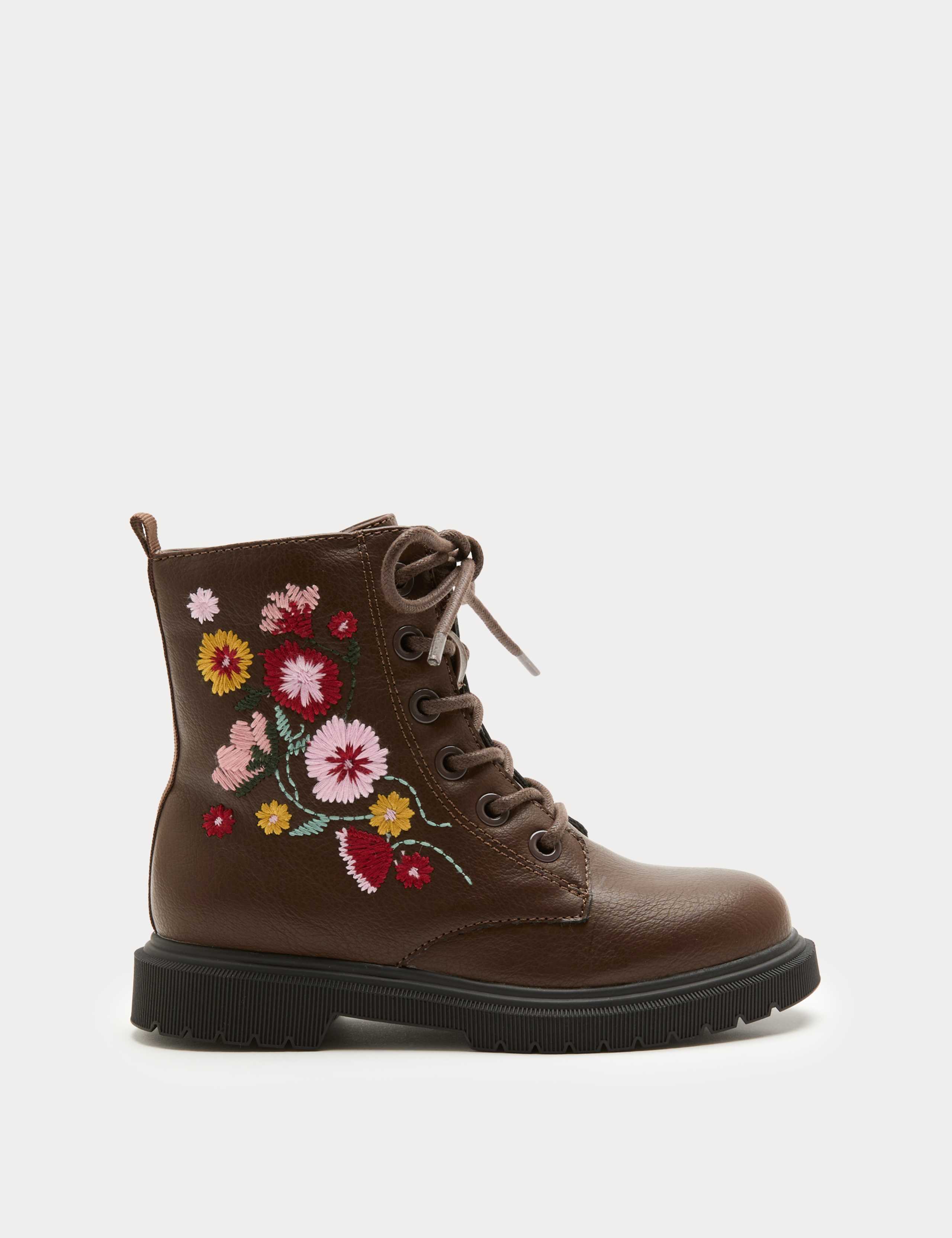 Kids' Floral Embroidered Lace Up Boots (4 Small - 2 Large) 2 of 3