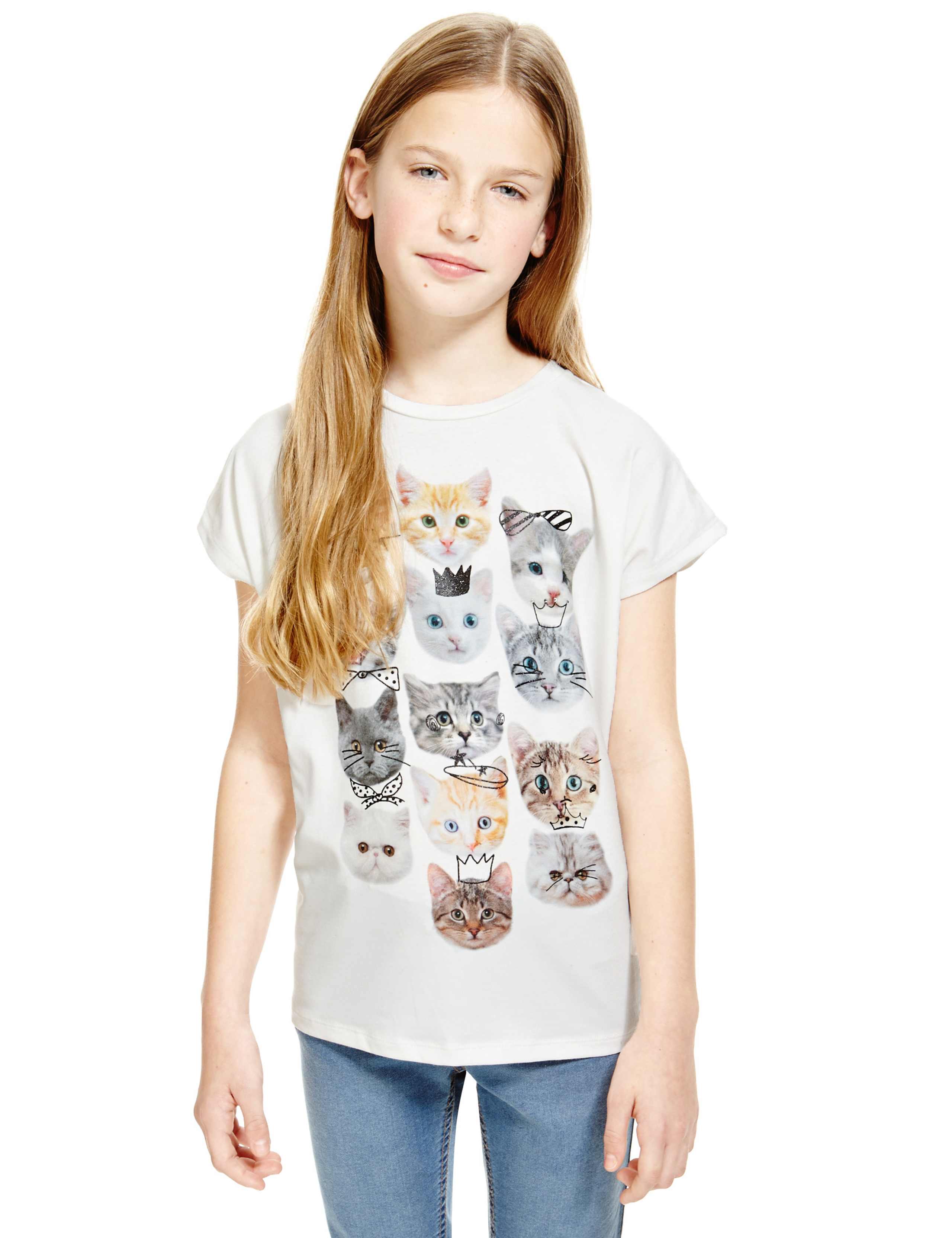 Short Sleeve Cat Print T-Shirt (5-14 Years) 1 of 3