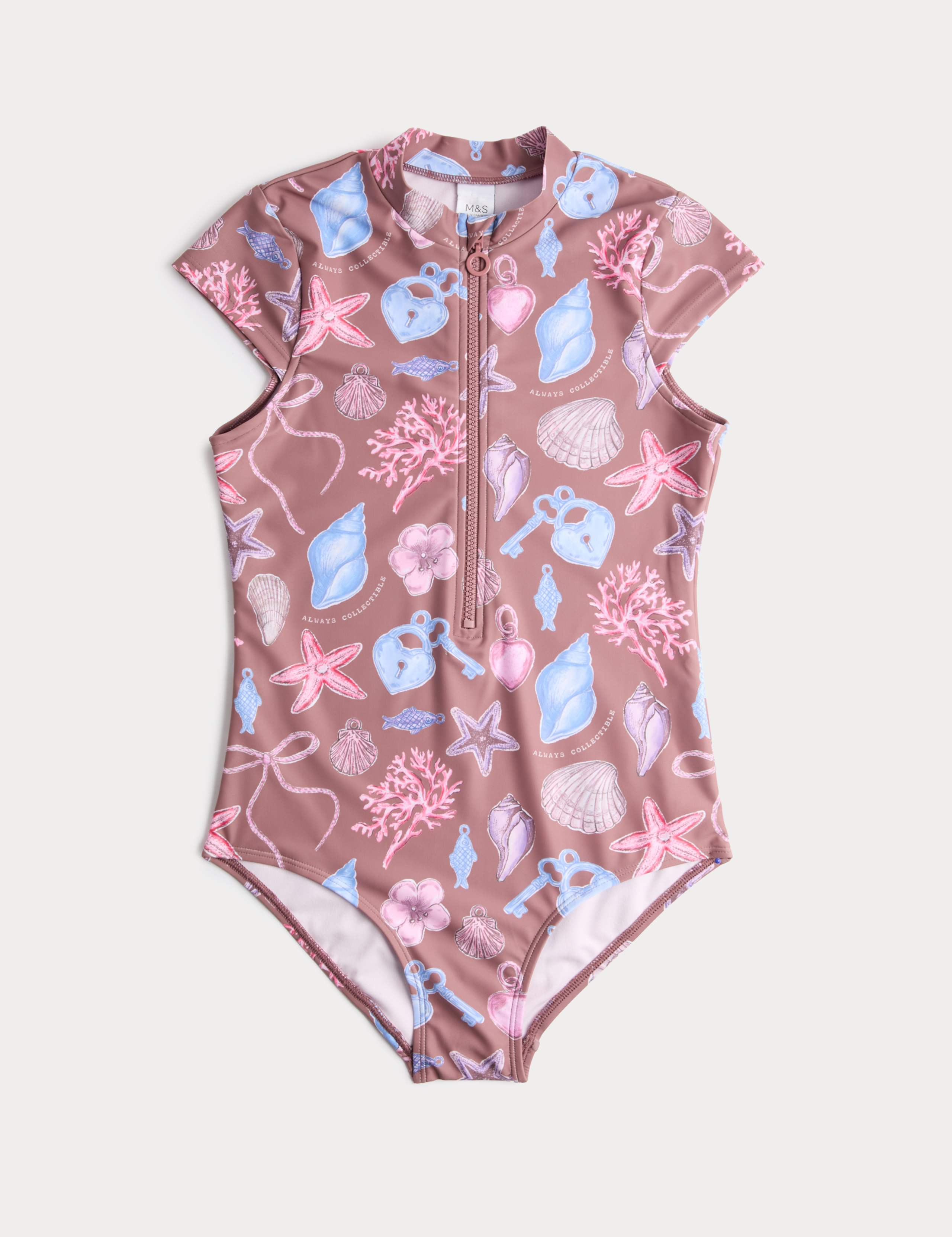 Shell Print Zip Front Cap Sleeve Swimsuit (6-16 Yrs) 1 of 2