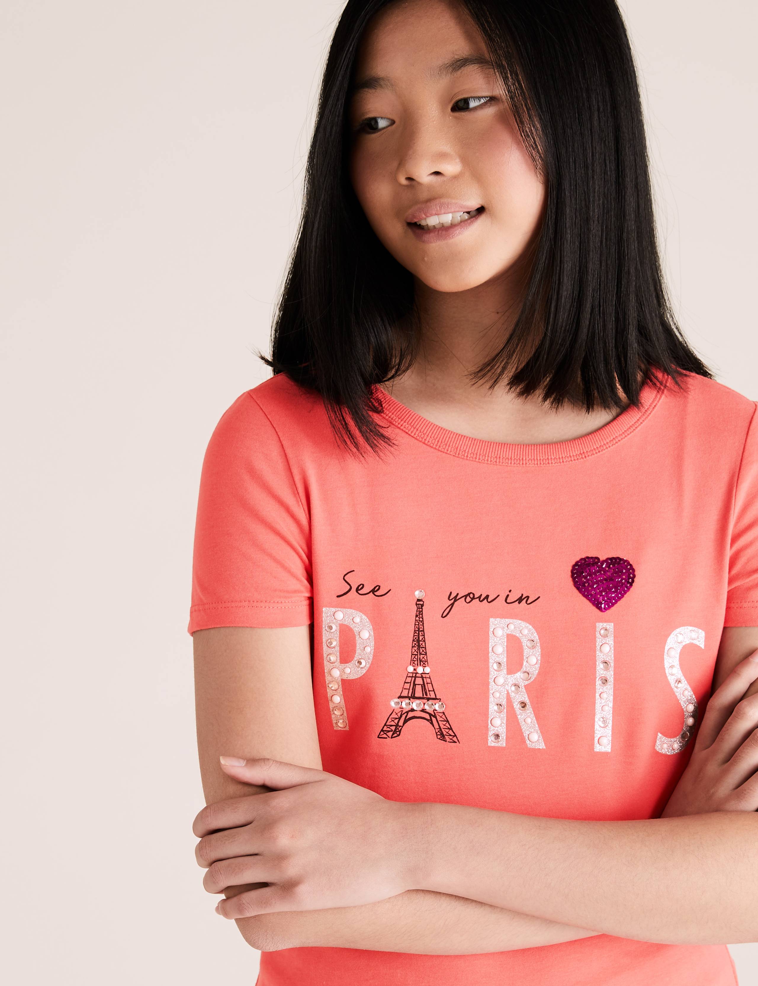 Pure Cotton Paris Slogan T-Shirt (6-16 Yrs) 1 of 4