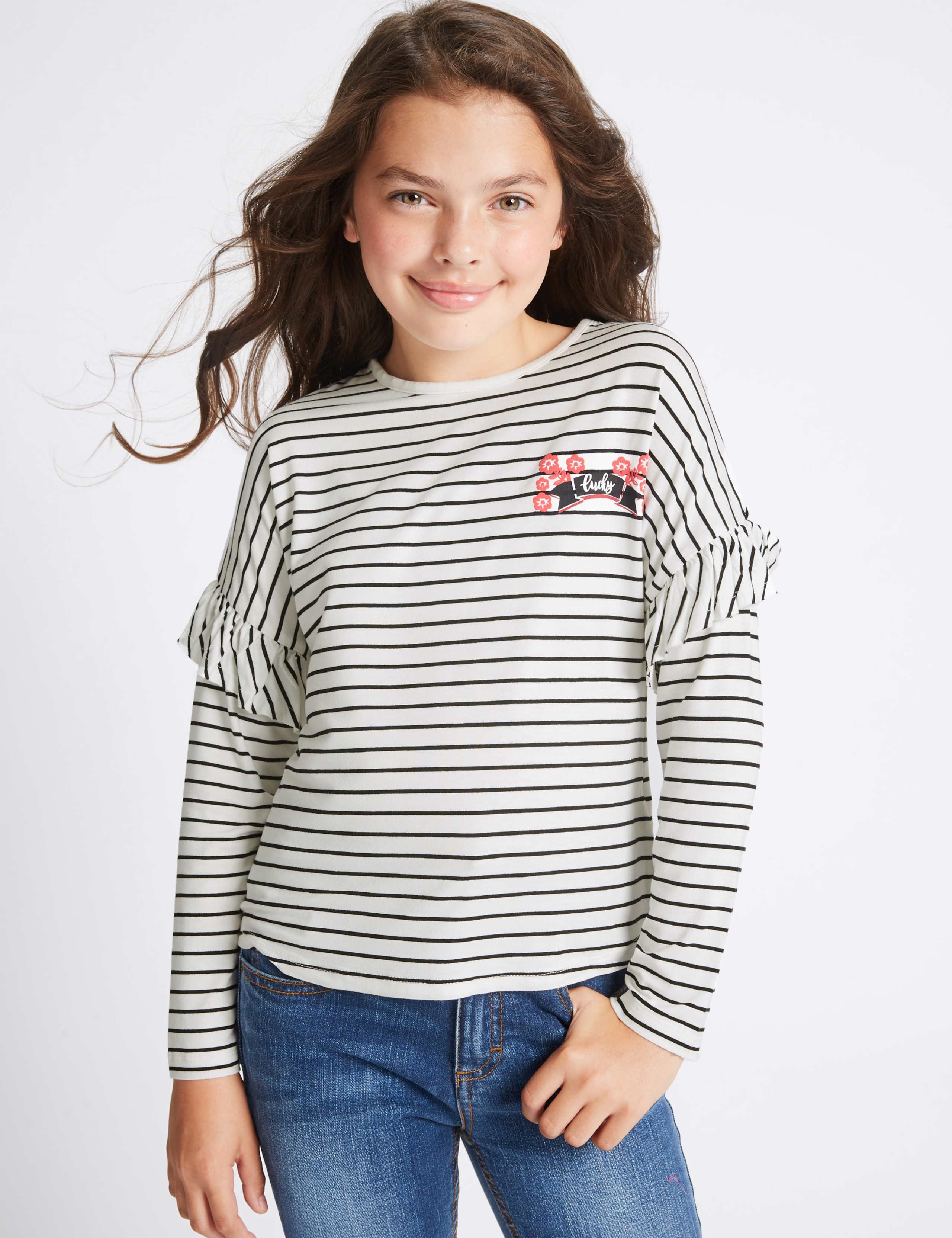 Frill Sleeve Striped Top (3-14 Years) 1 of 3