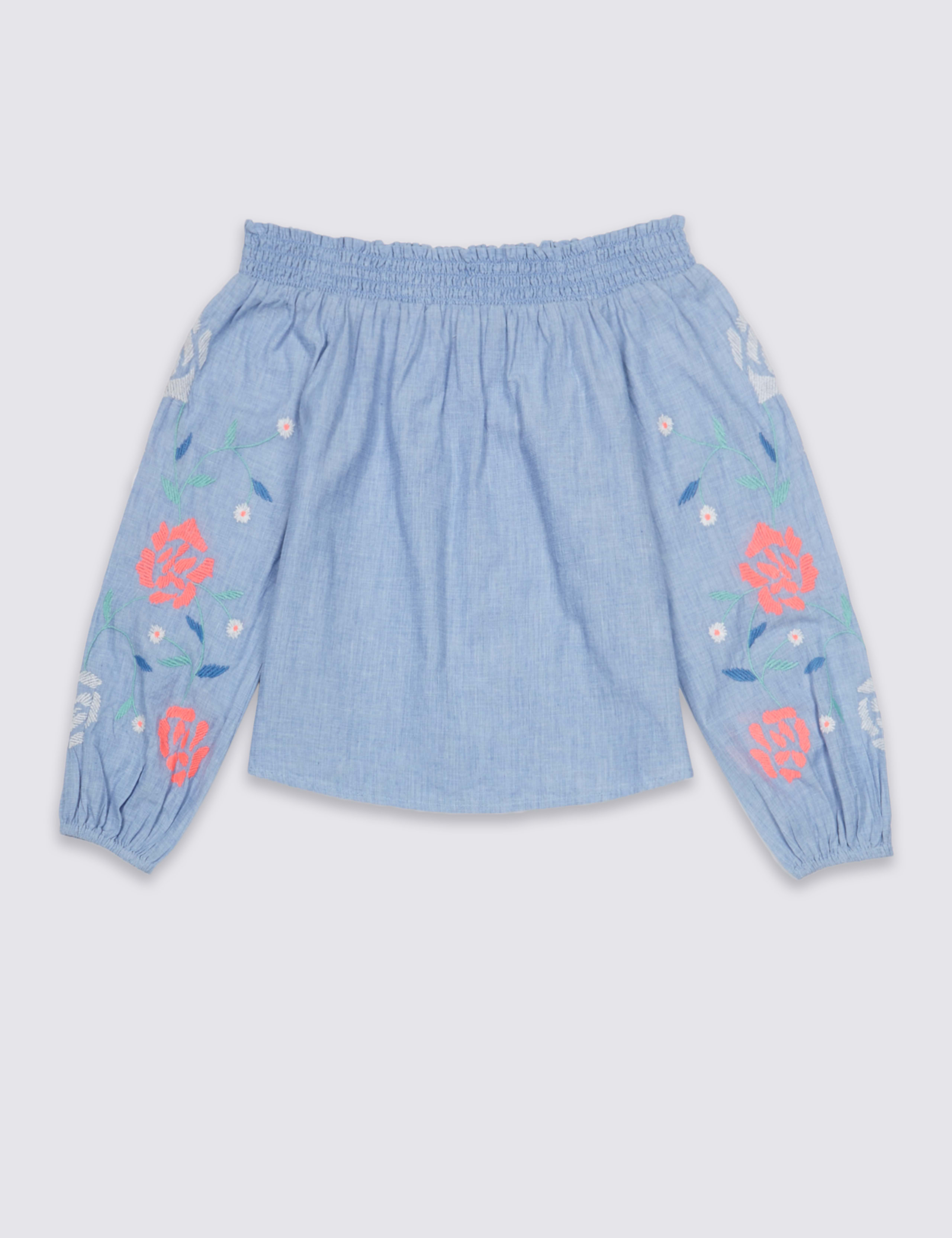 Denim Embroidered Bardot Top (3-16 Years) 2 of 5