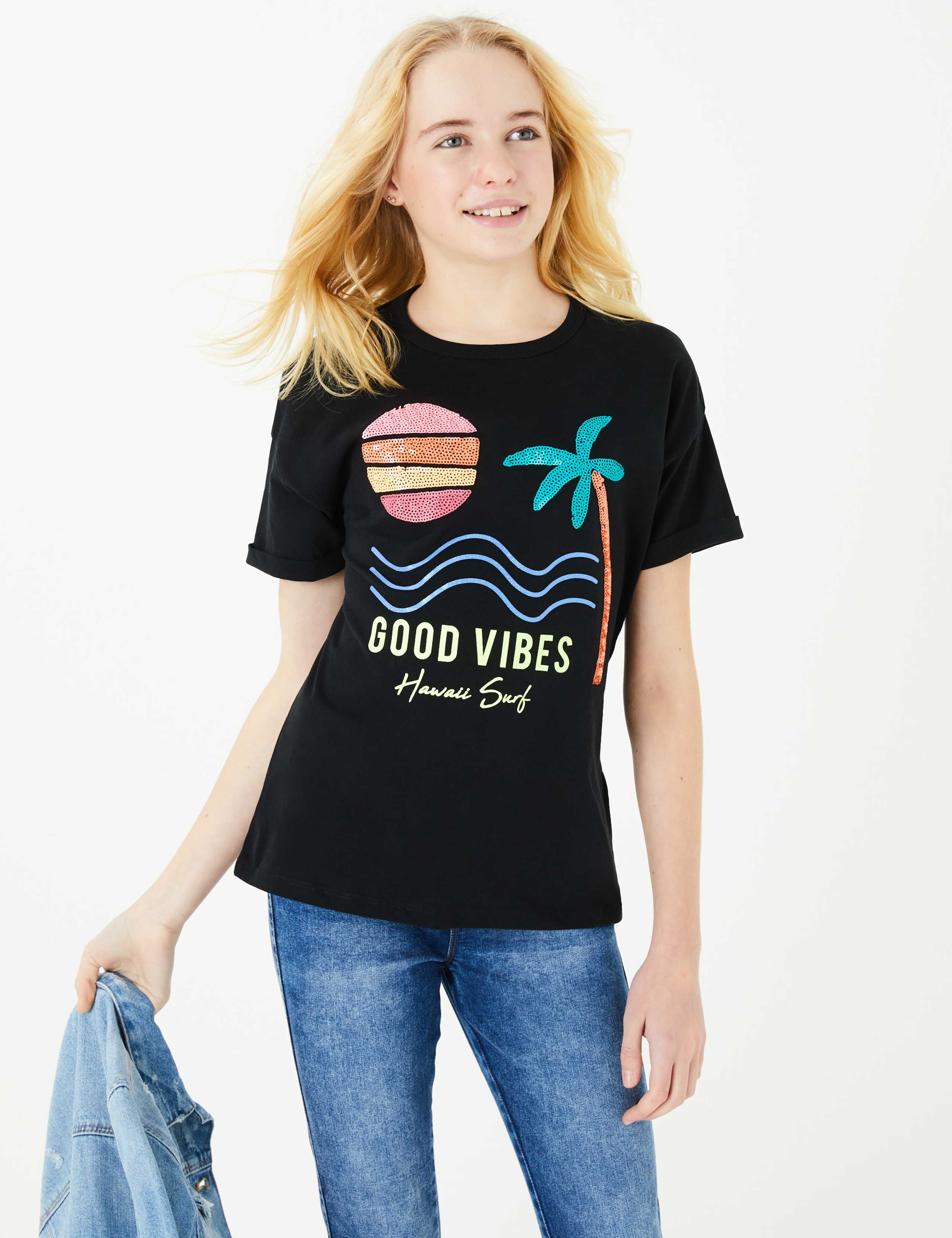 Cotton Good Vibes Slogan Sequin T-Shirt (6-16 Yrs) 3 of 5