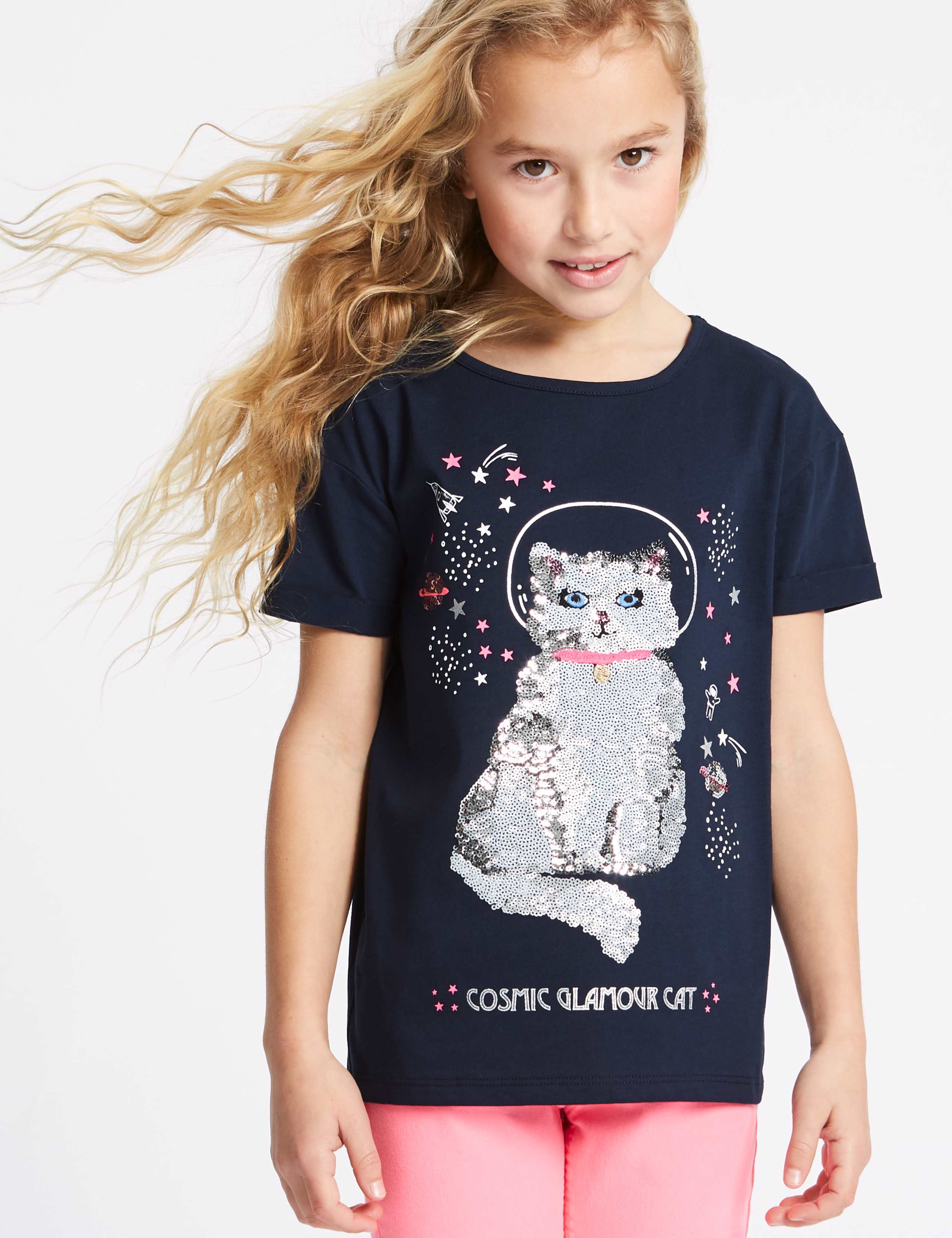 Pure Cotton Cat Sequin Top (3-16 Years) 1 of 6