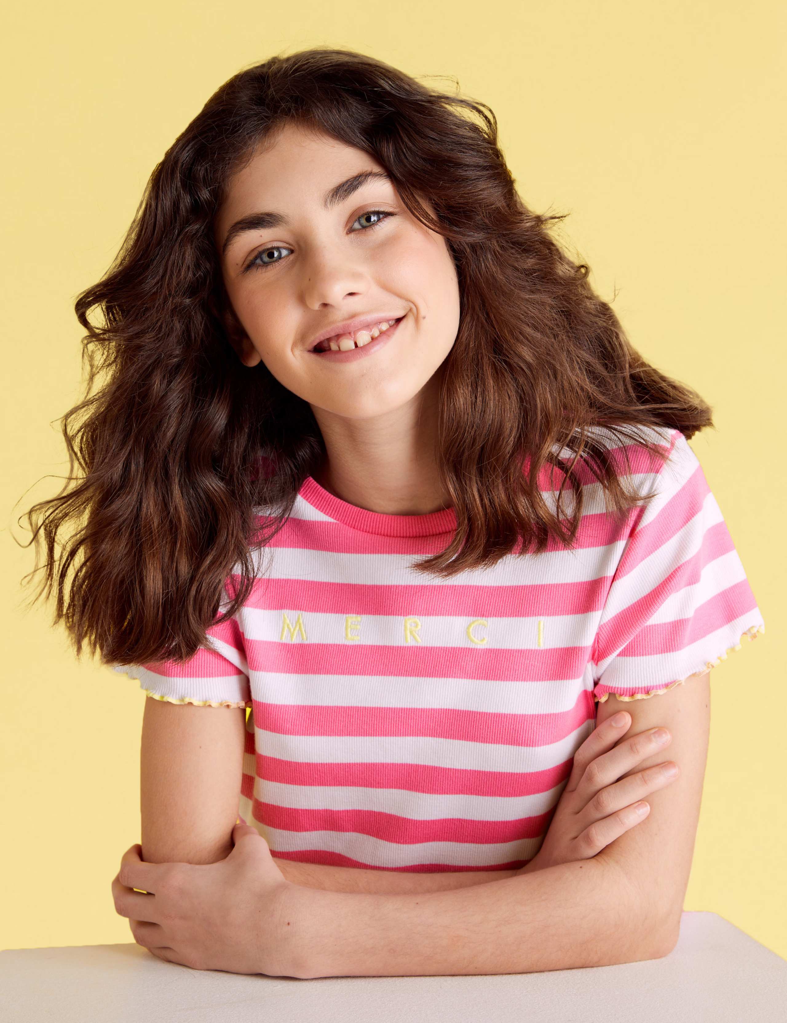 Cotton Merci Slogan Striped Ribbed T-Shirt (6-14 Yrs) 1 of 4