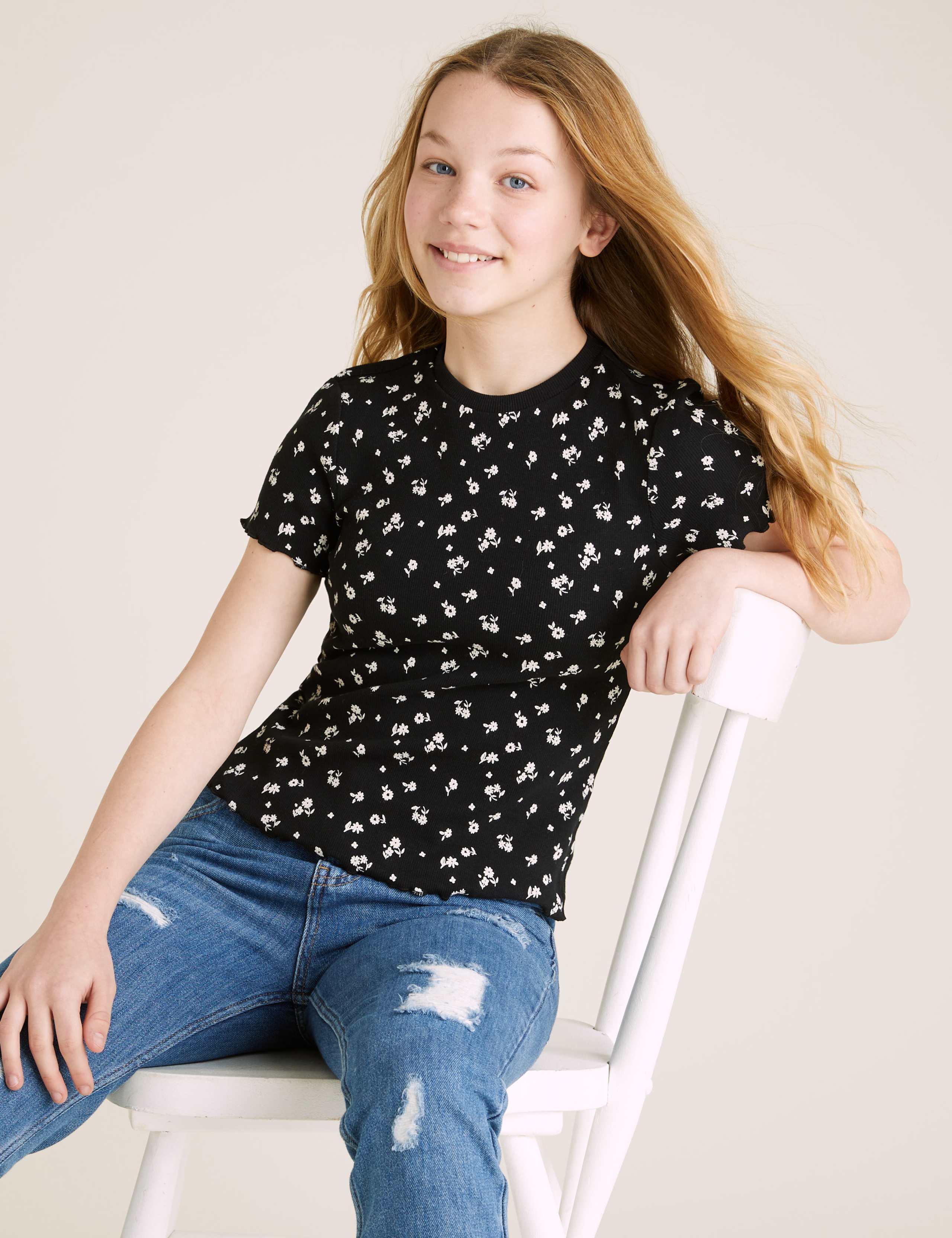 Cotton Rich Floral Print Ribbed T-shirt (6-16 Yrs) 1 of 4