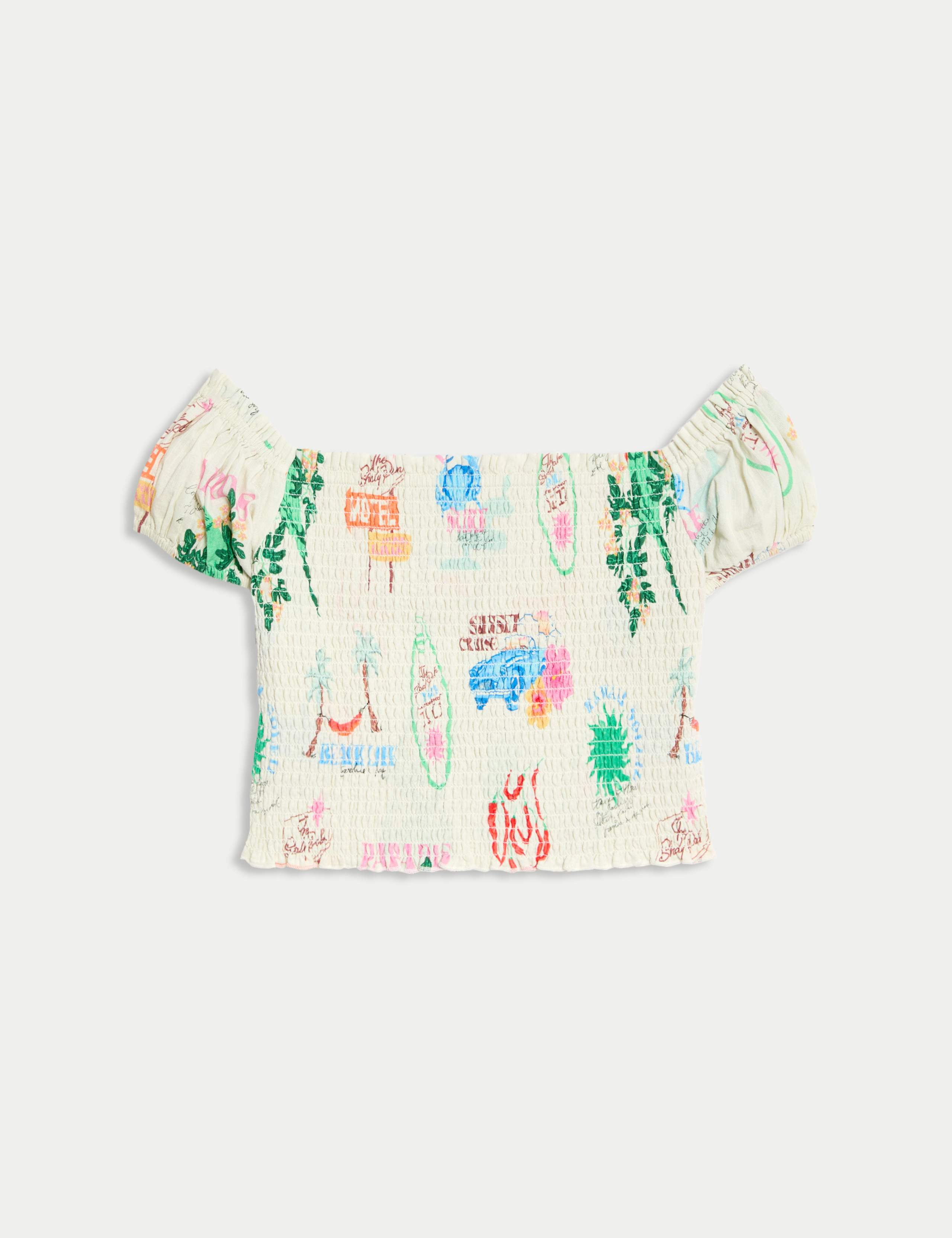 Pure Cotton Tropical Bardot Top (6-16 Yrs) 2 of 2