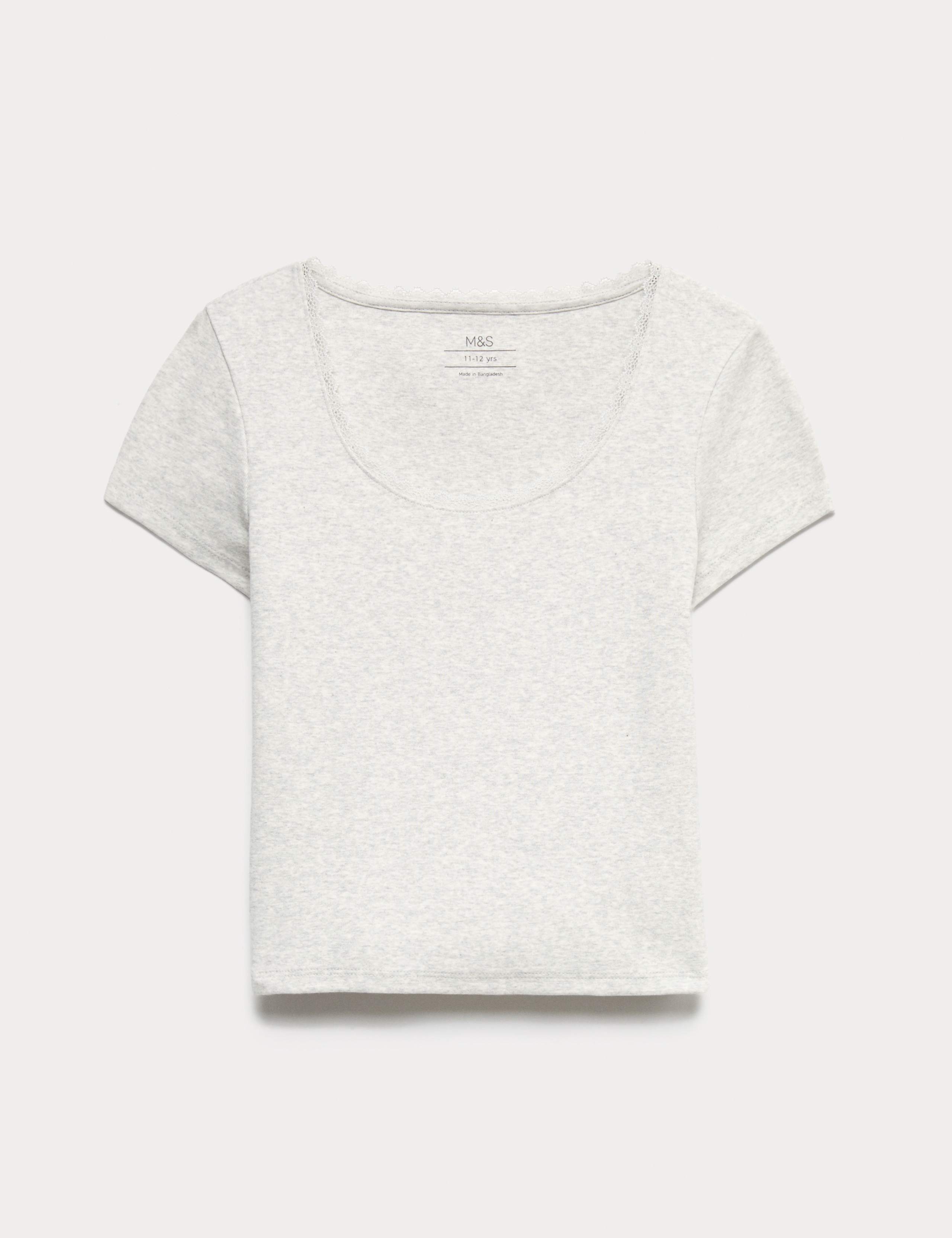 Cotton Rich Lace Trim Fitted Crop T-Shirt (6-16 Yrs) 1 of 1