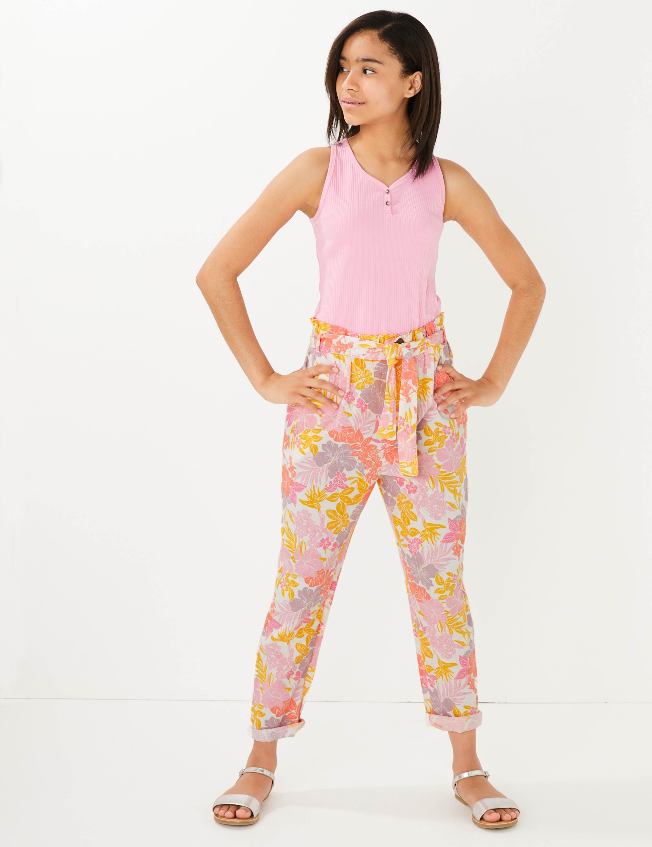 Regular Cotton Rich Floral Trousers (6-16 Yrs) 1 of 4