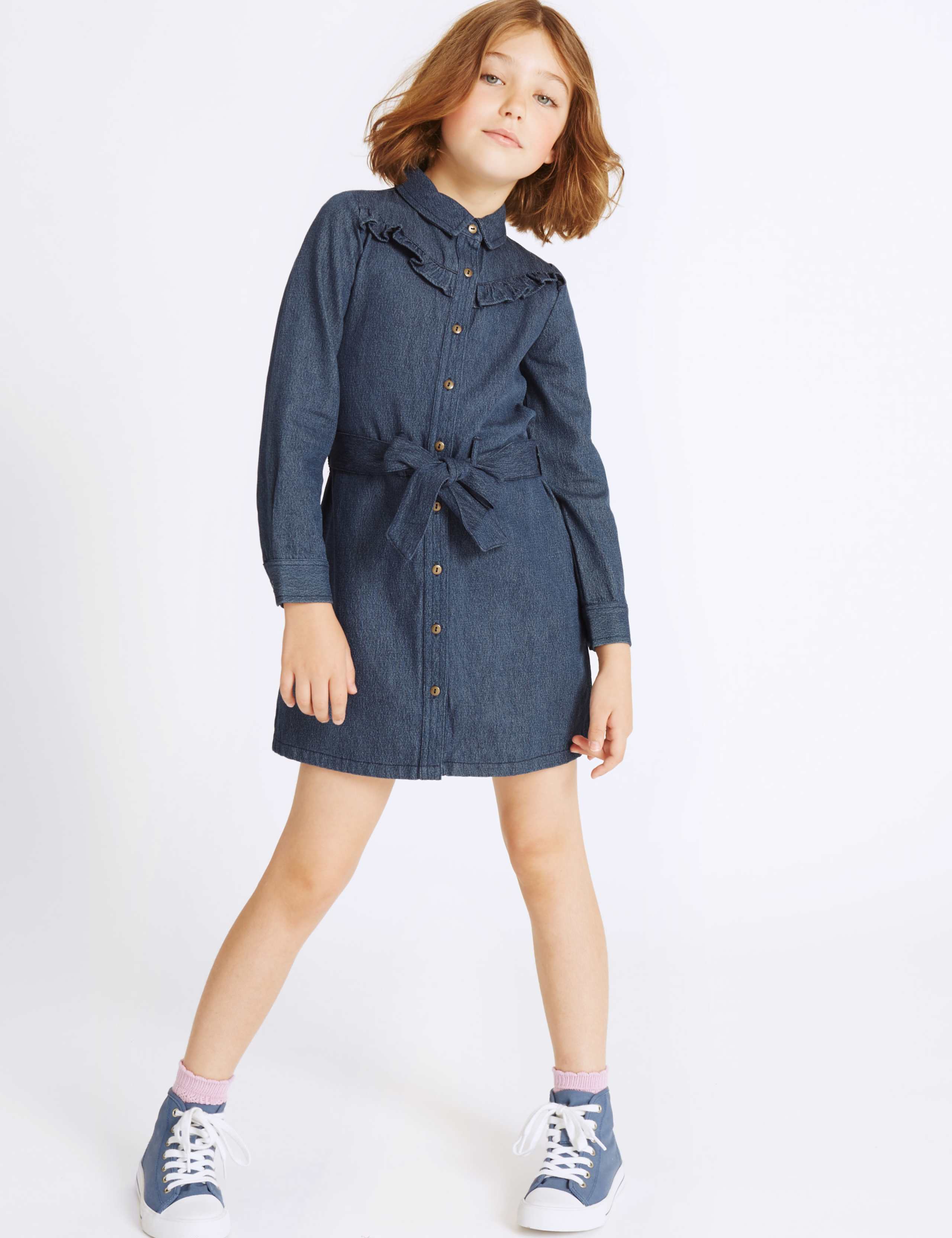 Denim Shirt Dress with Belt (3-14 Years) 1 of 6