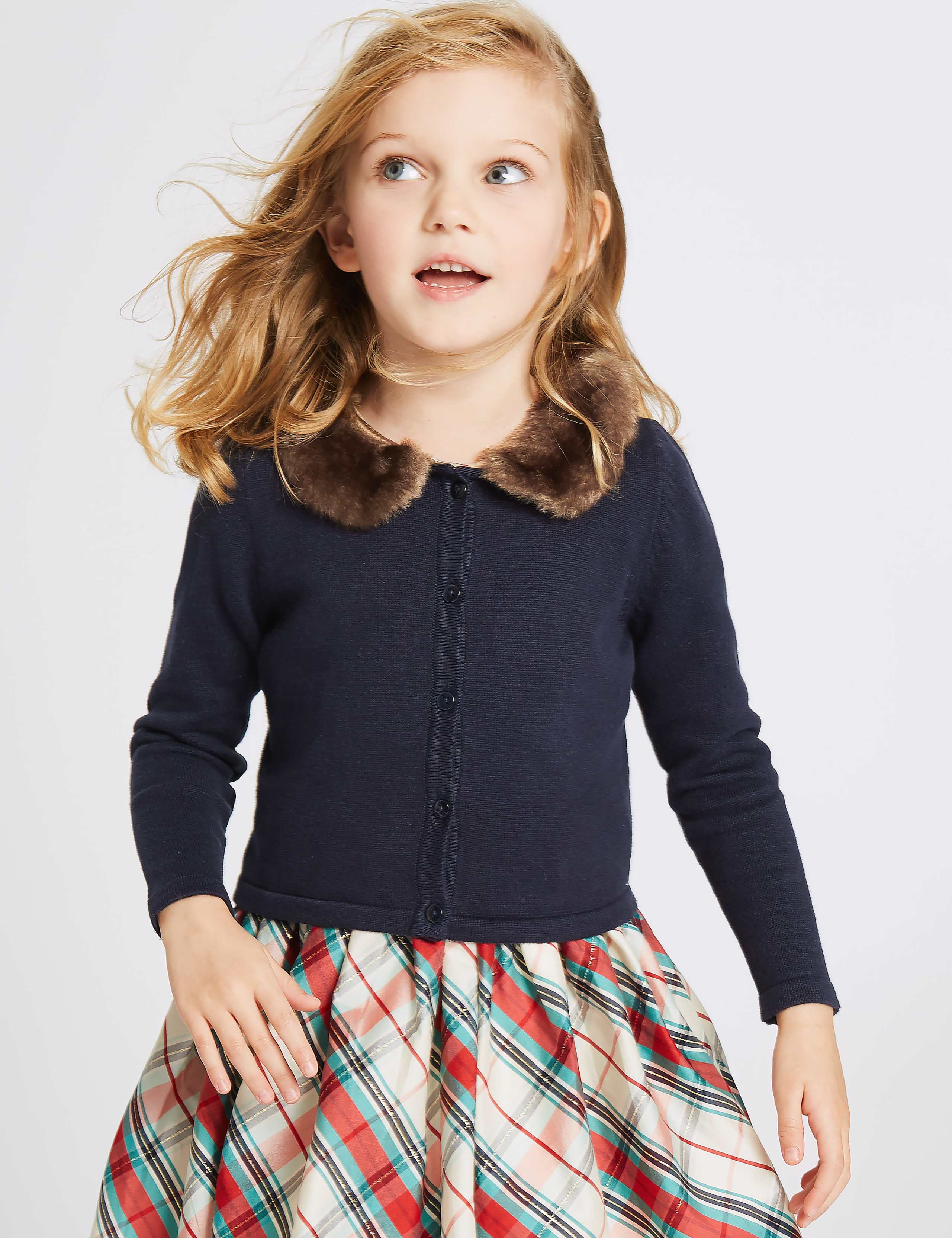 Pure Cotton Faux Fur Collar Cardigan (1-10 Years) 1 of 5