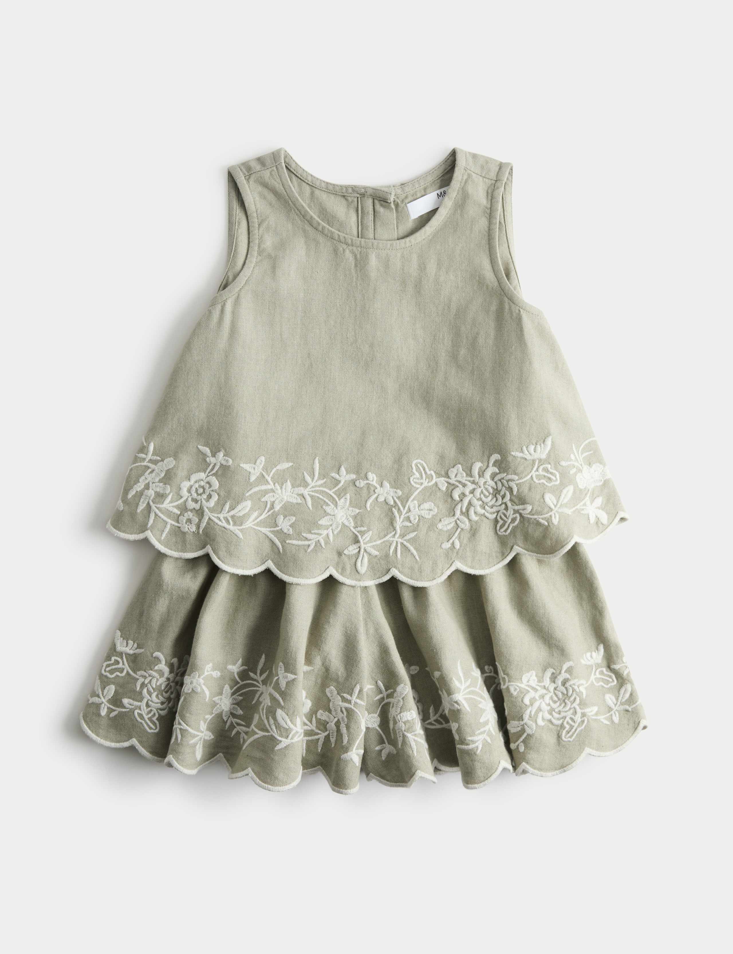 Linen Blend Embroidered Outfit (2-10 Yrs) 1 of 3