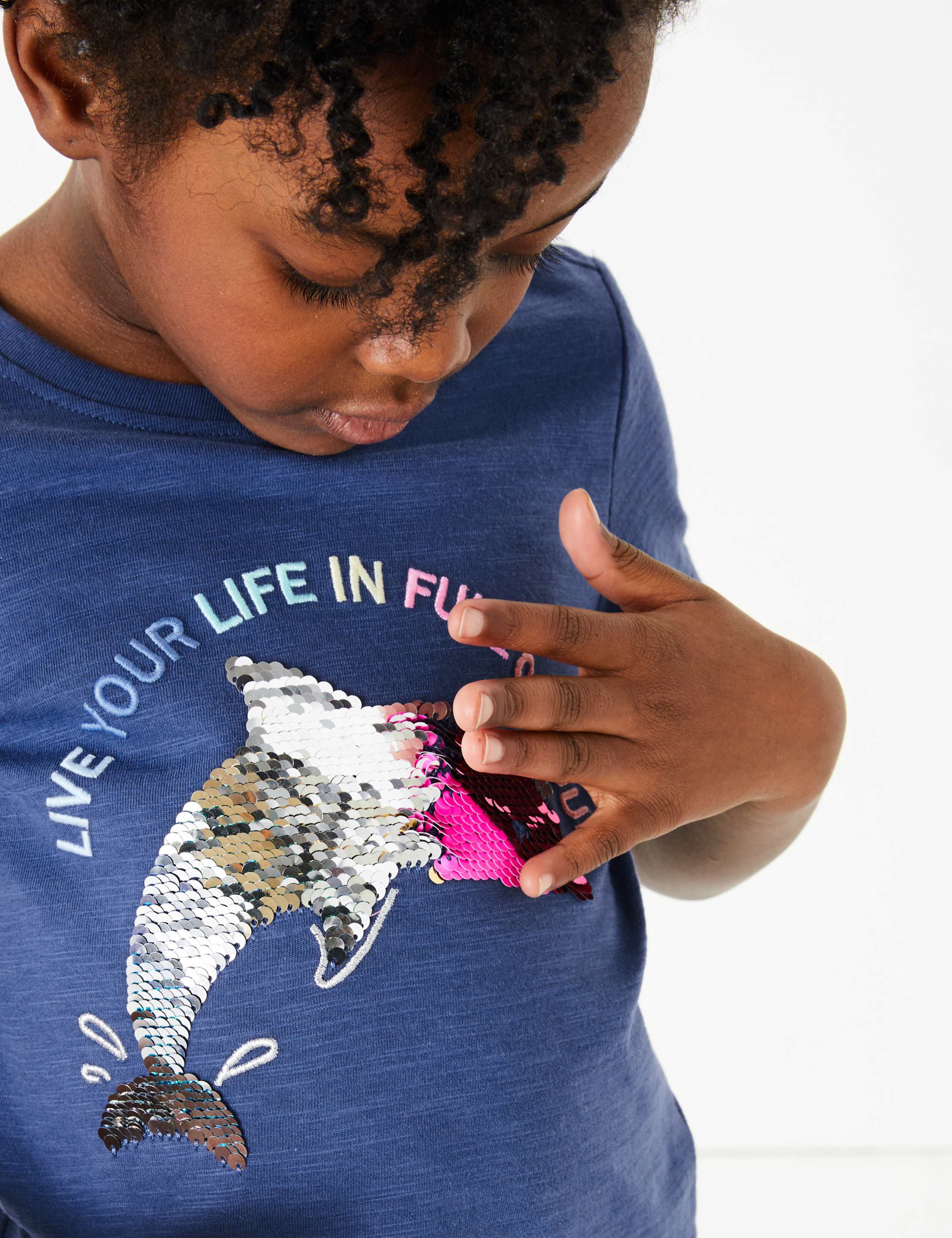 Cotton Reversible Sequin Dolphin T-Shirt (2-7 Yrs) 1 of 5