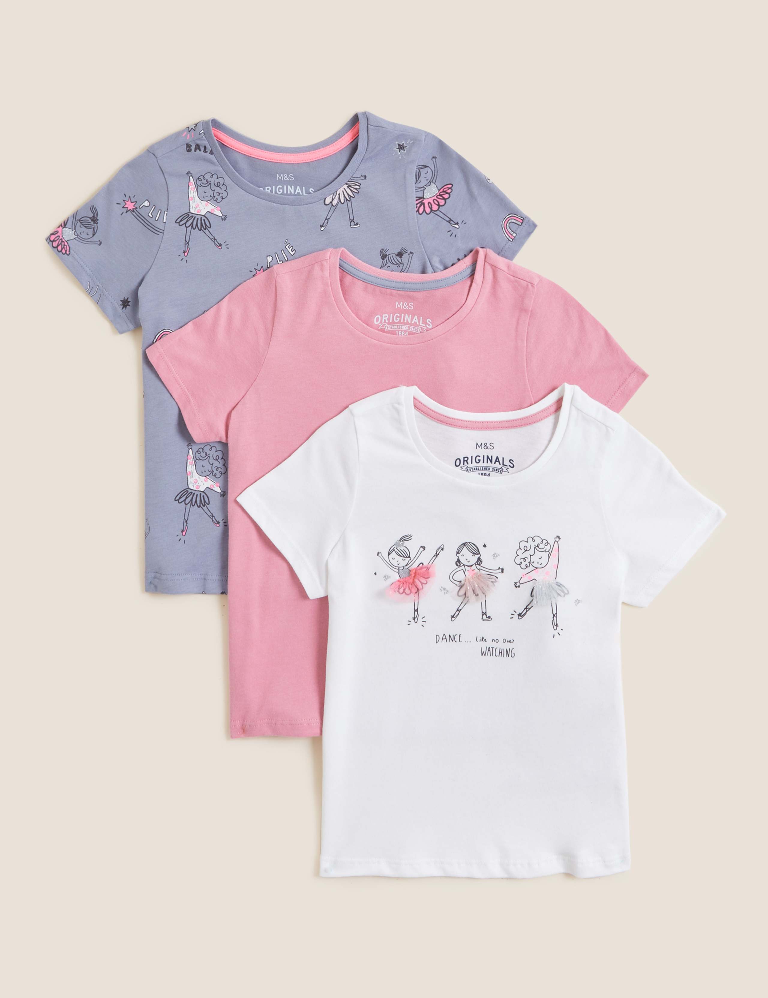 3pk Pure Cotton Ballet Print T-Shirts (2-7 Yrs) 1 of 1