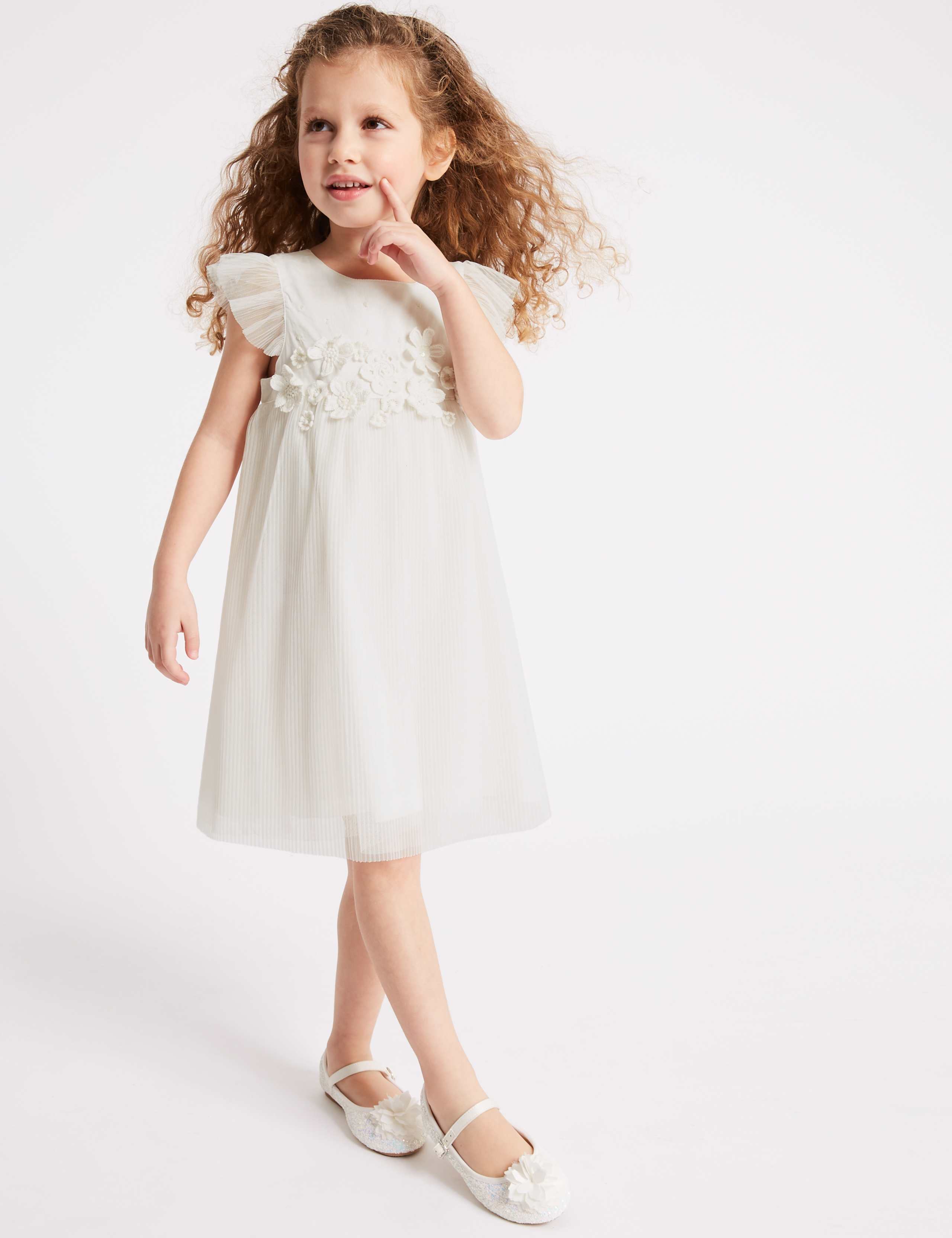 Pleated Flower Applique Dress (1-16 Years) 1 of 3
