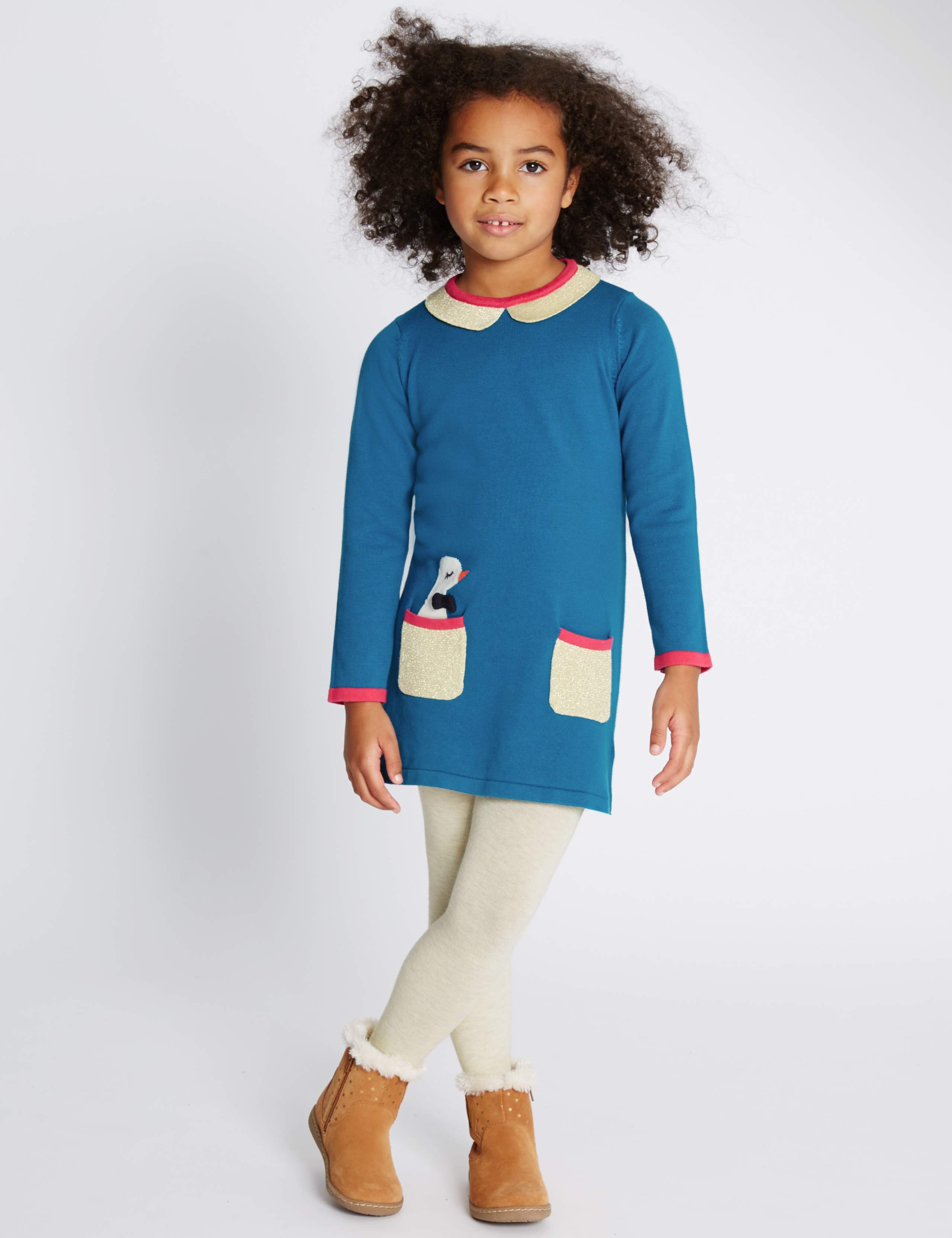 Pure Cotton Duck Knitted Dress with Tights (1-7 Years) 1 of 5