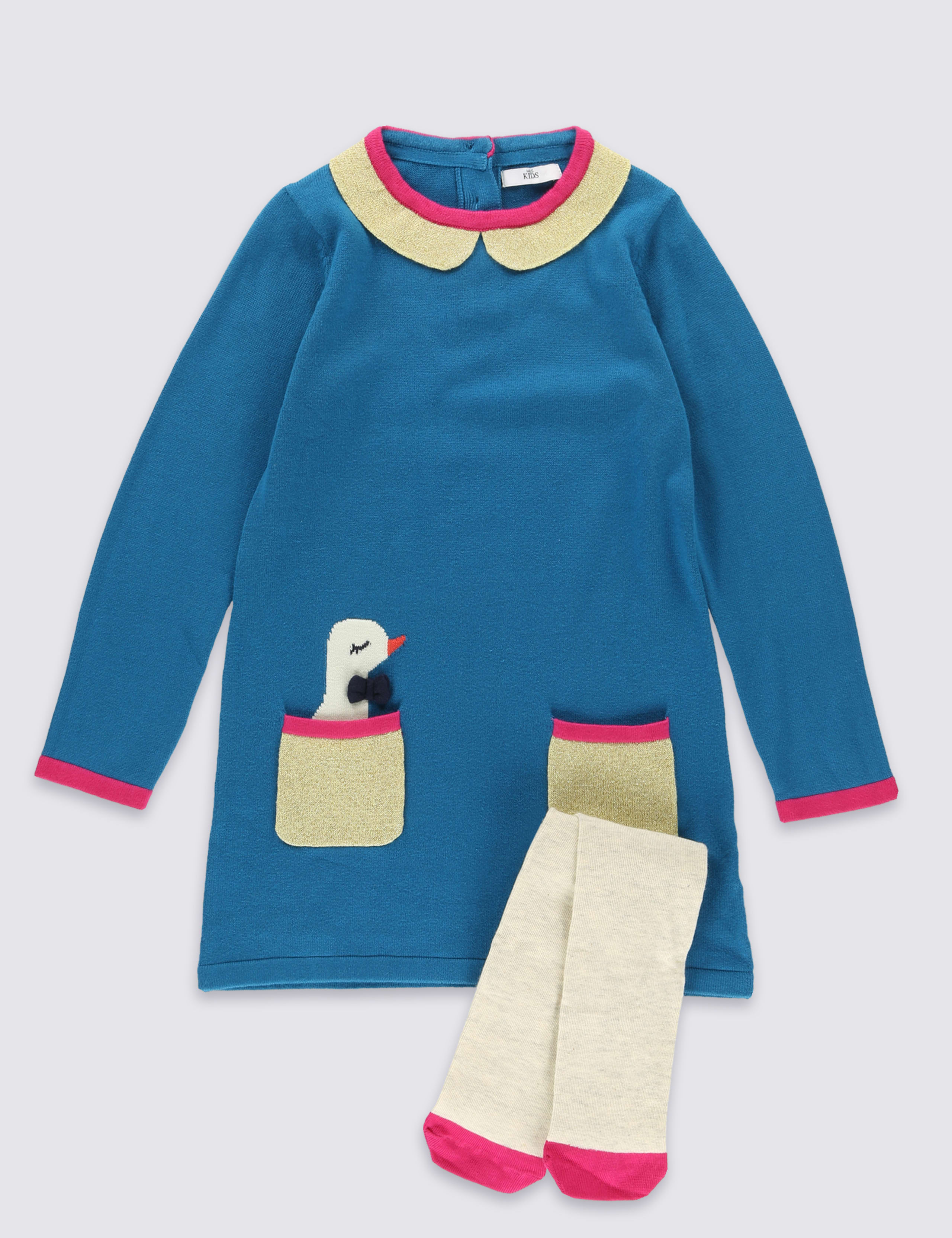Pure Cotton Duck Knitted Dress with Tights (1-7 Years) 2 of 5