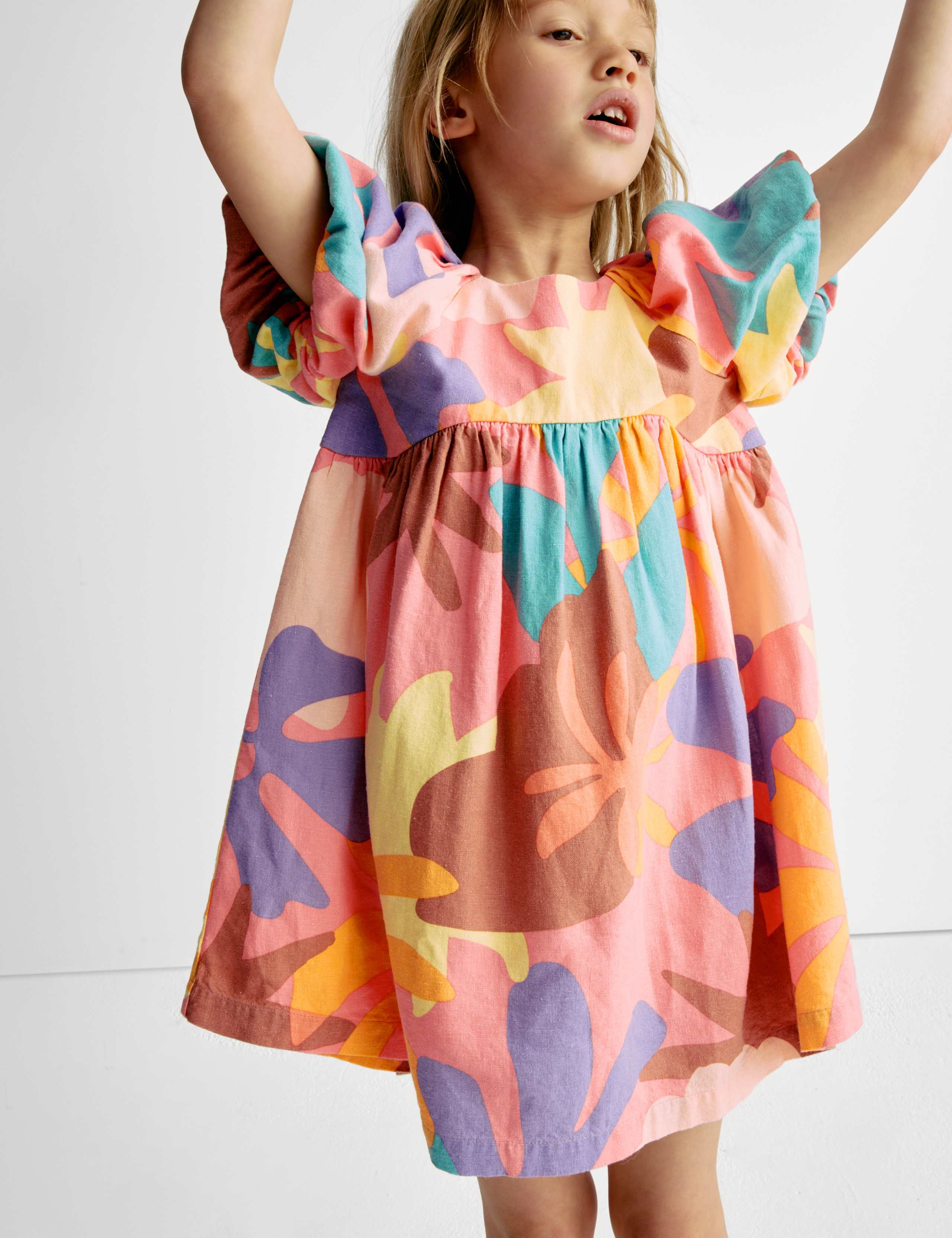 Linen Rich Printed Puff Sleeve Woven Dress (2-8 Yrs) 1 of 7
