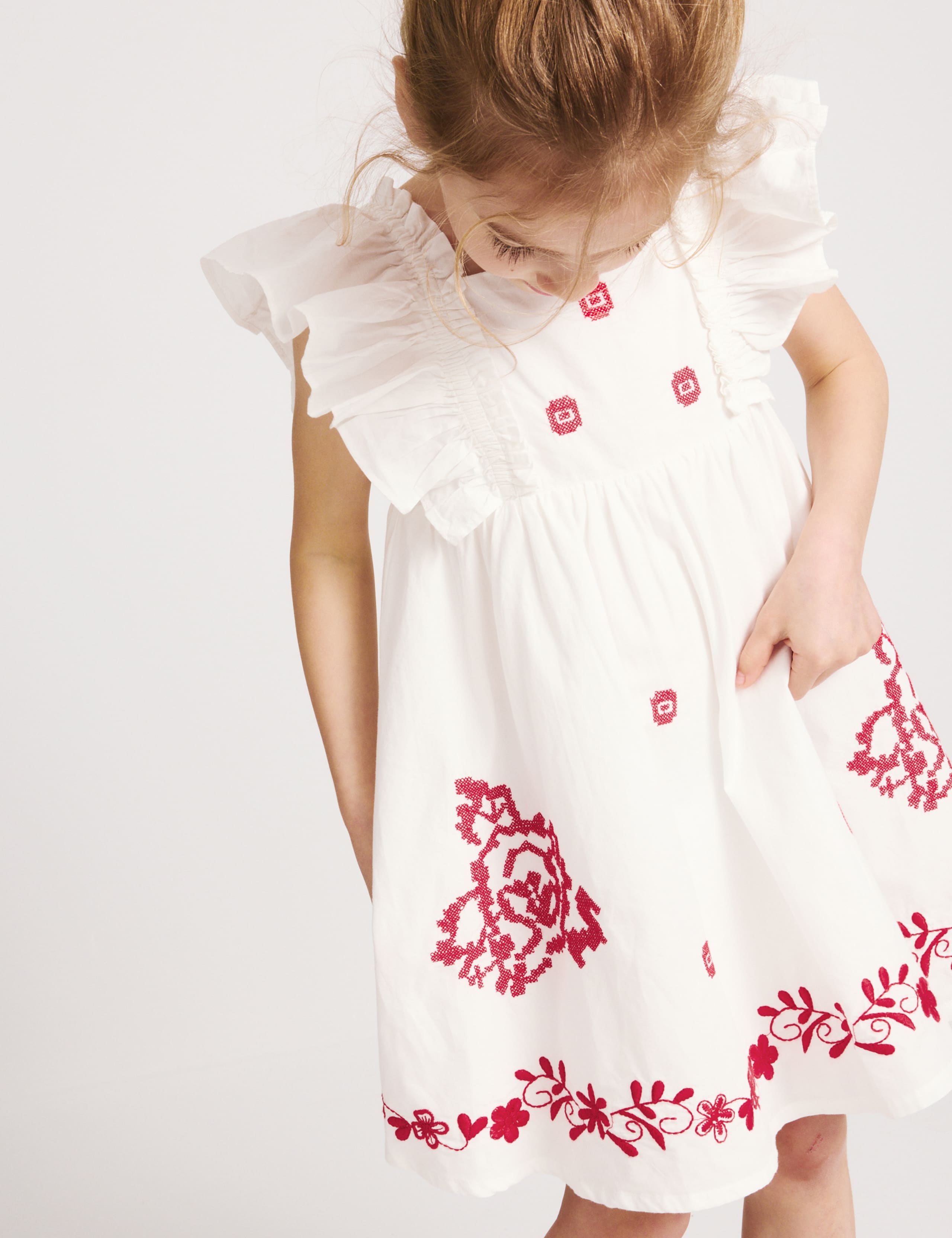 Pure Cotton Embroidered Ruffle Sleeve Dress (2-10 Yrs) 7 of 8
