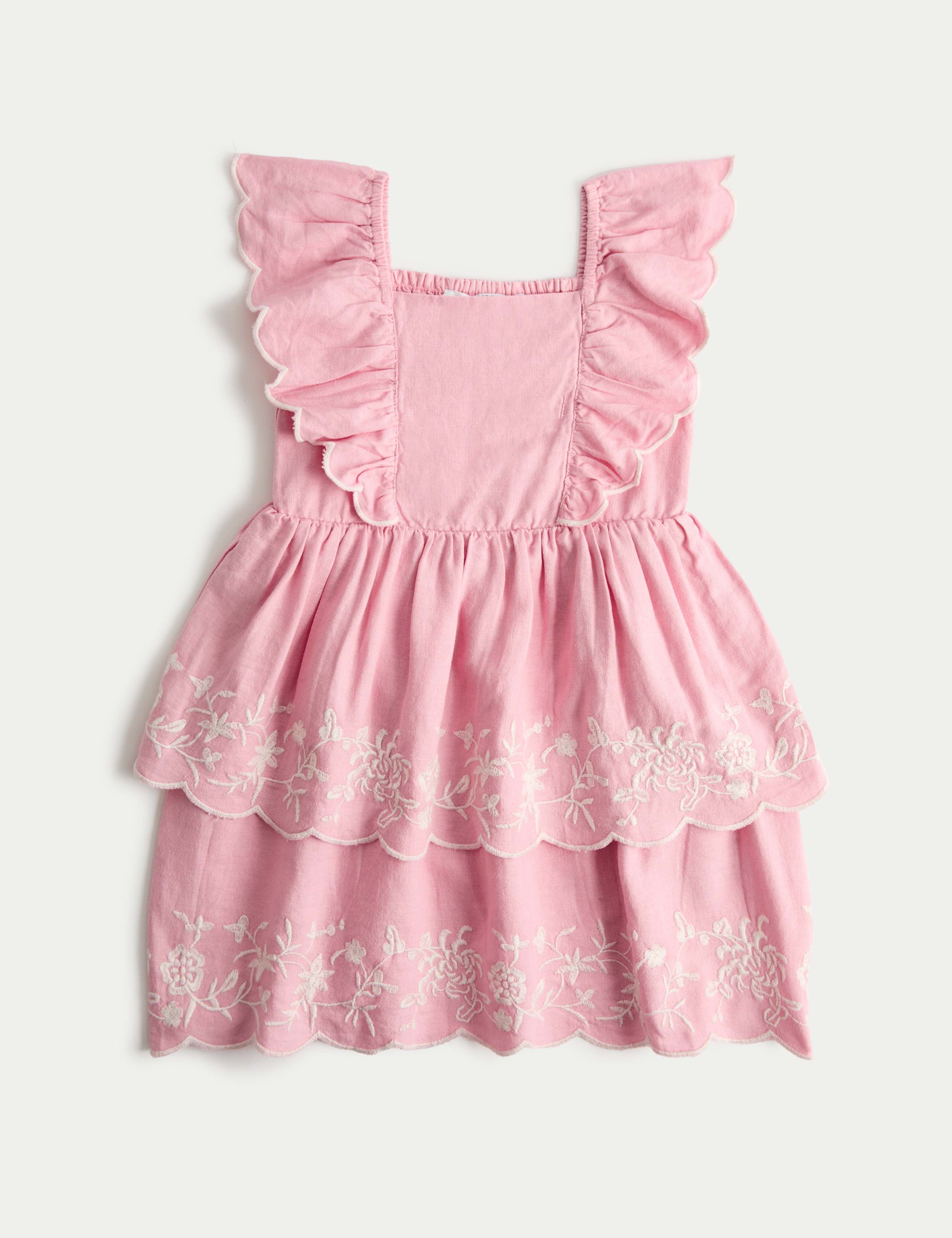 Linen Rich Floral Embroidered Frill Dress (2-10 Yrs) 1 of 3
